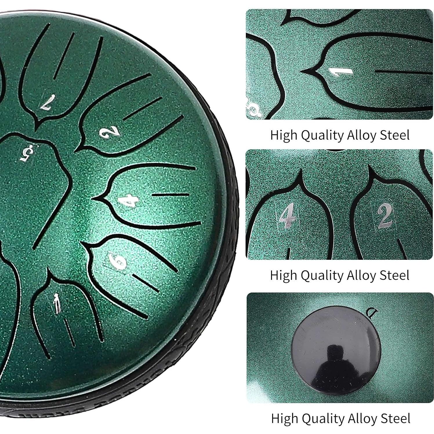 Tambor de Lengua de Acero 11 Notas 15 cm Verde con Mallets