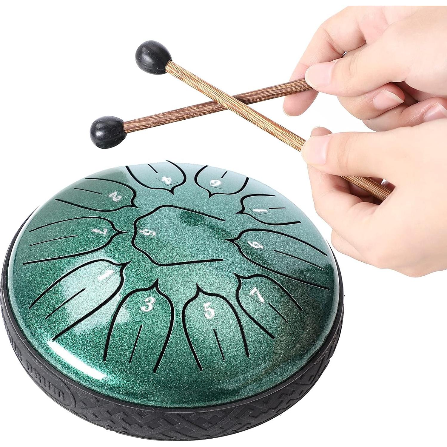 Tambor de Lengua de Acero 11 Notas 15 cm Verde con Mallets