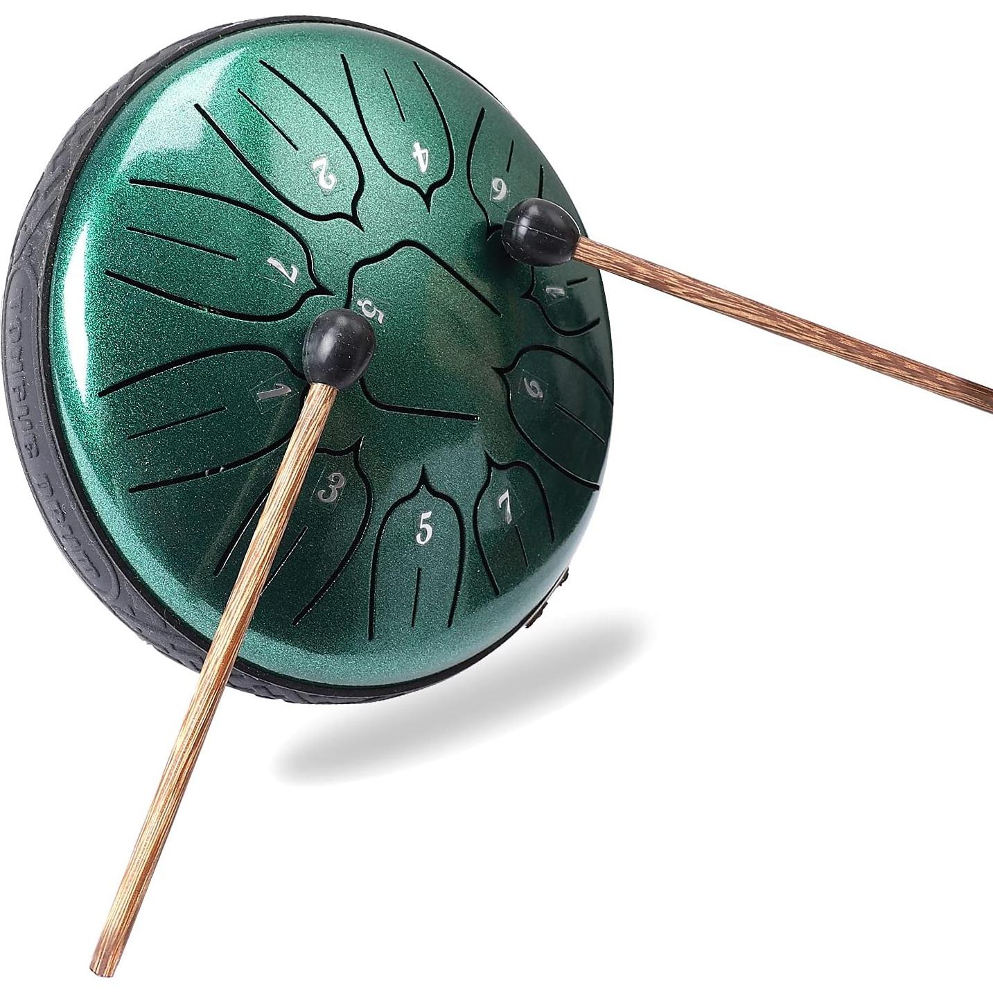 Tambor de Lengua de Acero 11 Notas 15 cm Verde con Mallets