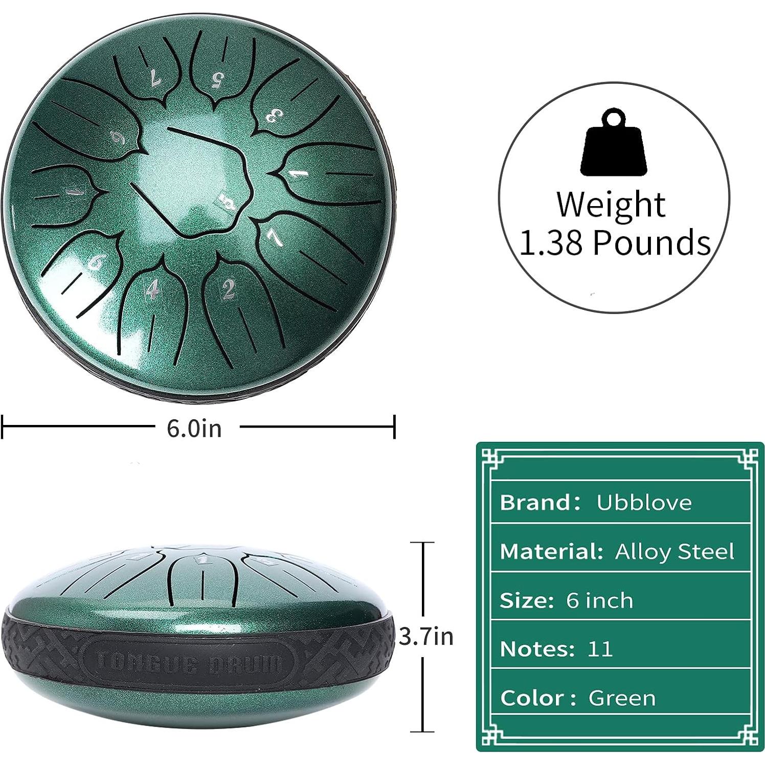 Tambor de Lengua de Acero 11 Notas 15 cm Verde con Mallets