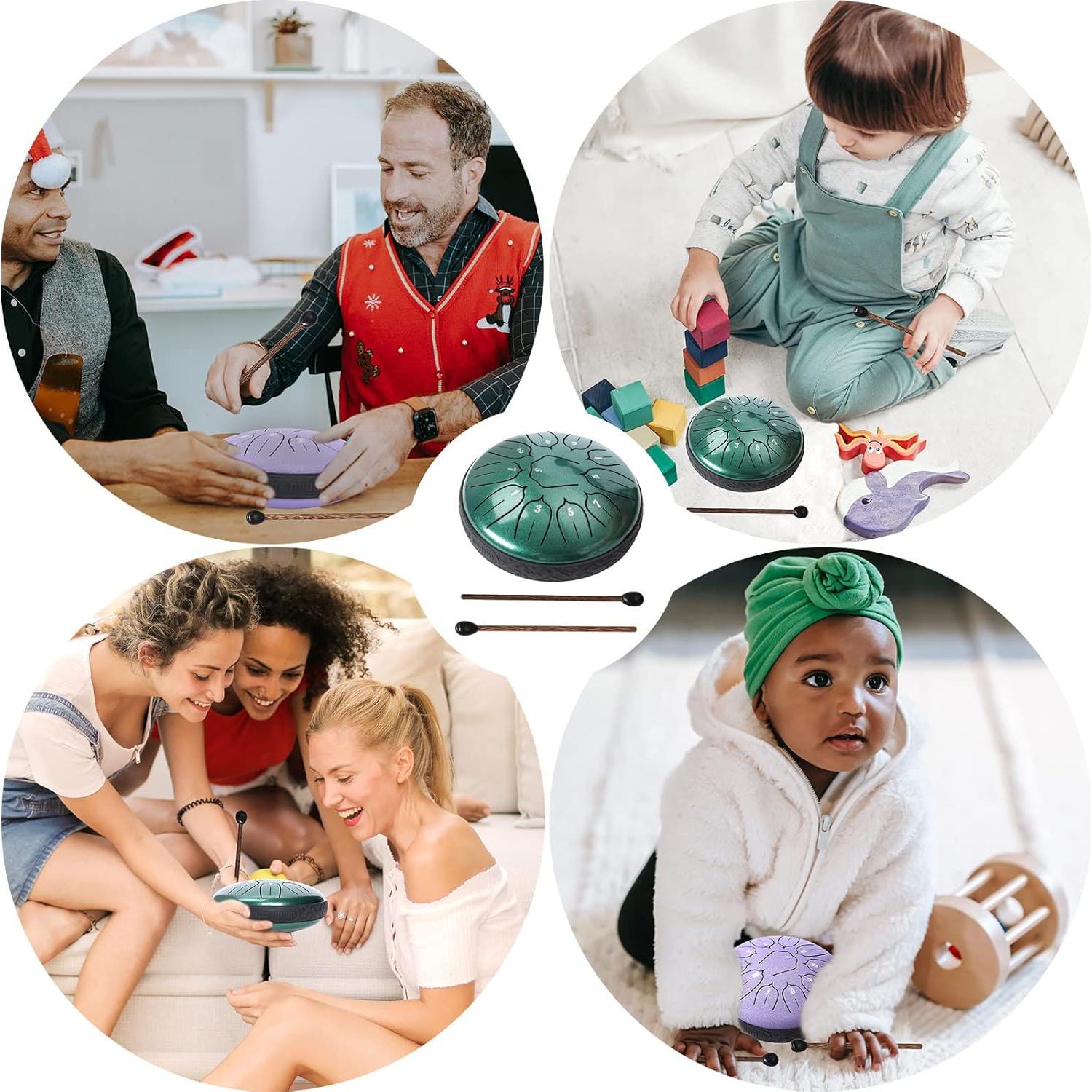 Tambor de Lengua de Acero 11 Notas 15 cm Verde con Mallets