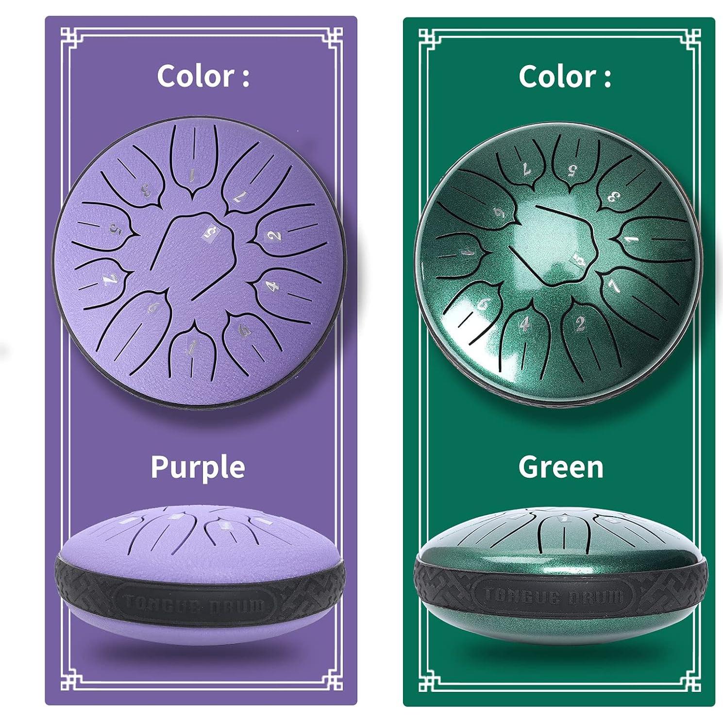 Tambor de Lengua de Acero 11 Notas 15 cm Verde con Mallets