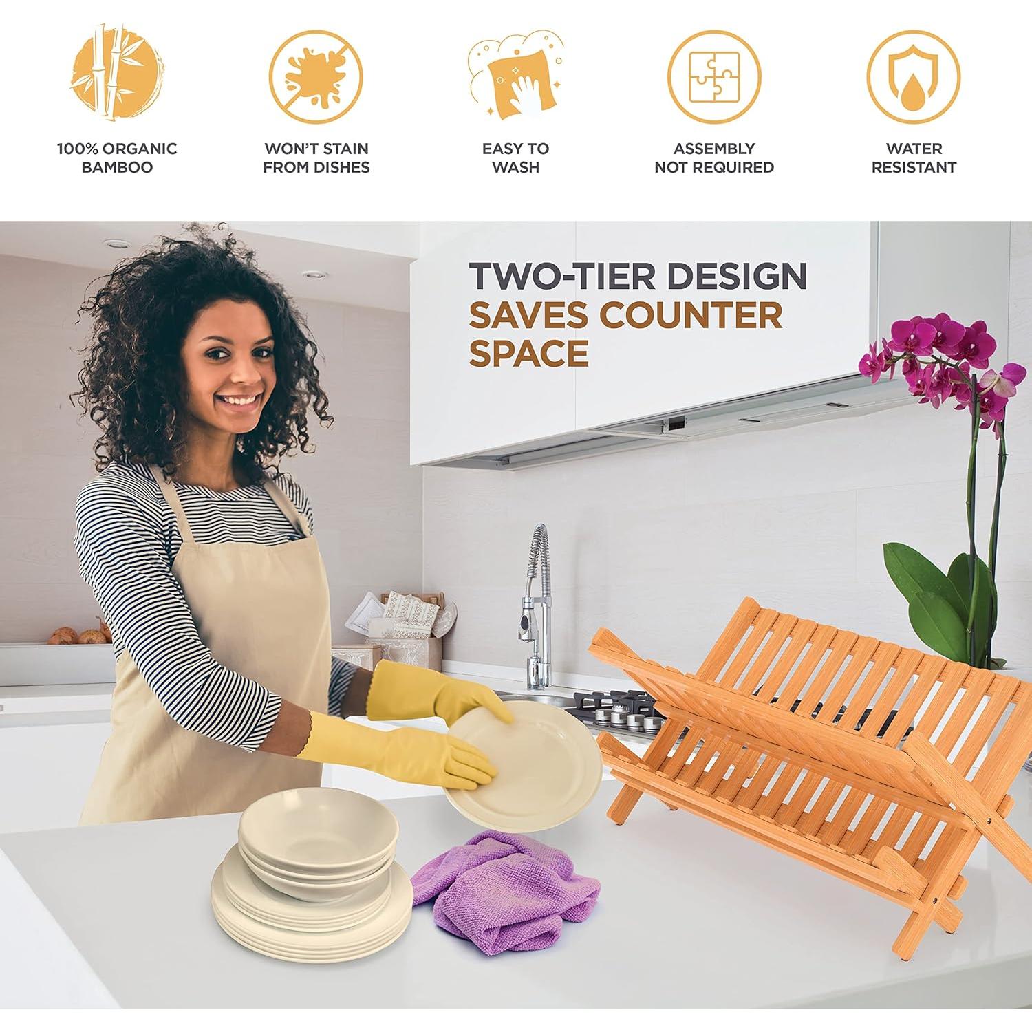 Escurridor de Platos Plegable Bambú 2 Niveles 44.5x29.2cm