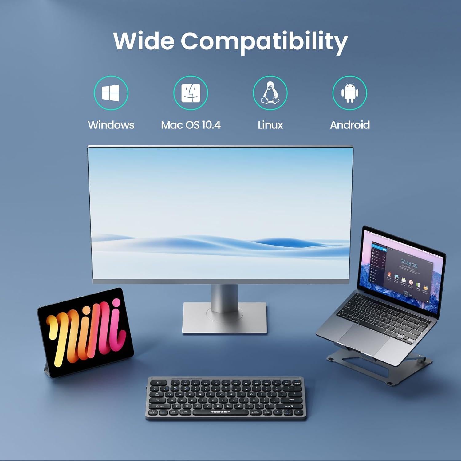 Teclado Inalámbrico Bluetooth TECKNET Gris Recargable USB-C