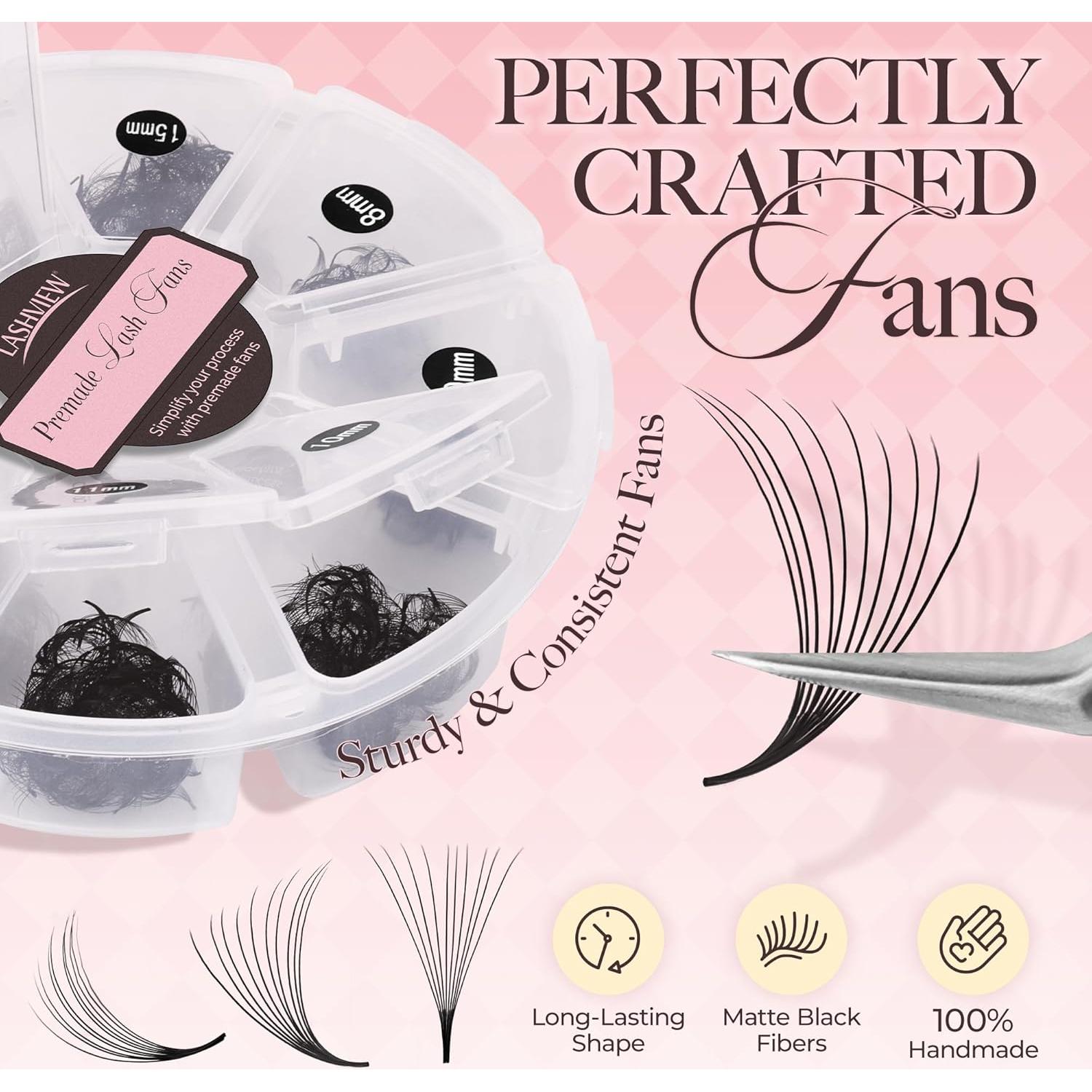 Extensiones de Pestañas Premontadas LASHVIEW 1000 Fans 10D D Curl 8-15mm