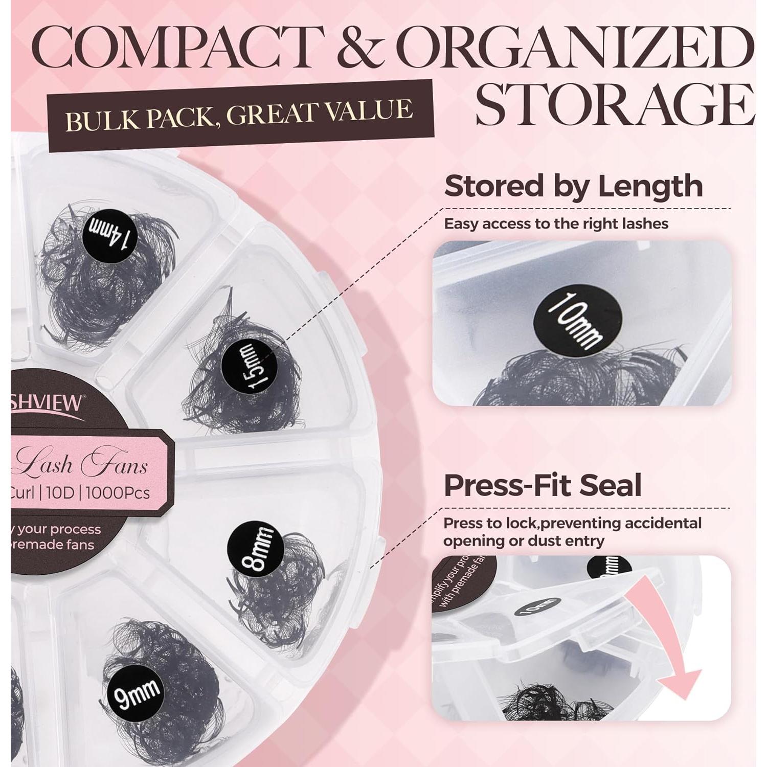 Extensiones de Pestañas Premontadas LASHVIEW 1000 Fans 10D D Curl 8-15mm