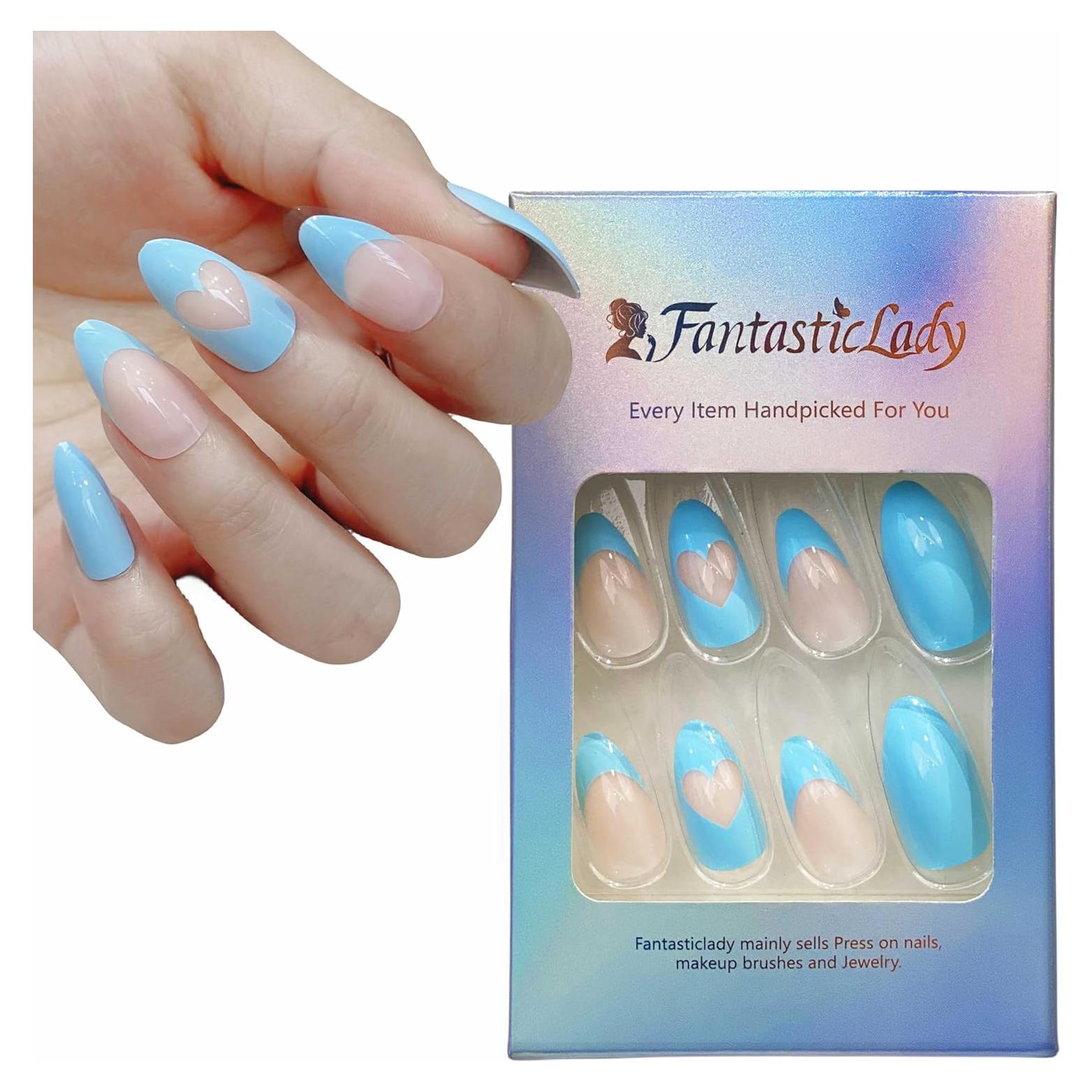 Uñas Postizas Almendra Azul Francés Fantastic Lady 24 Piezas