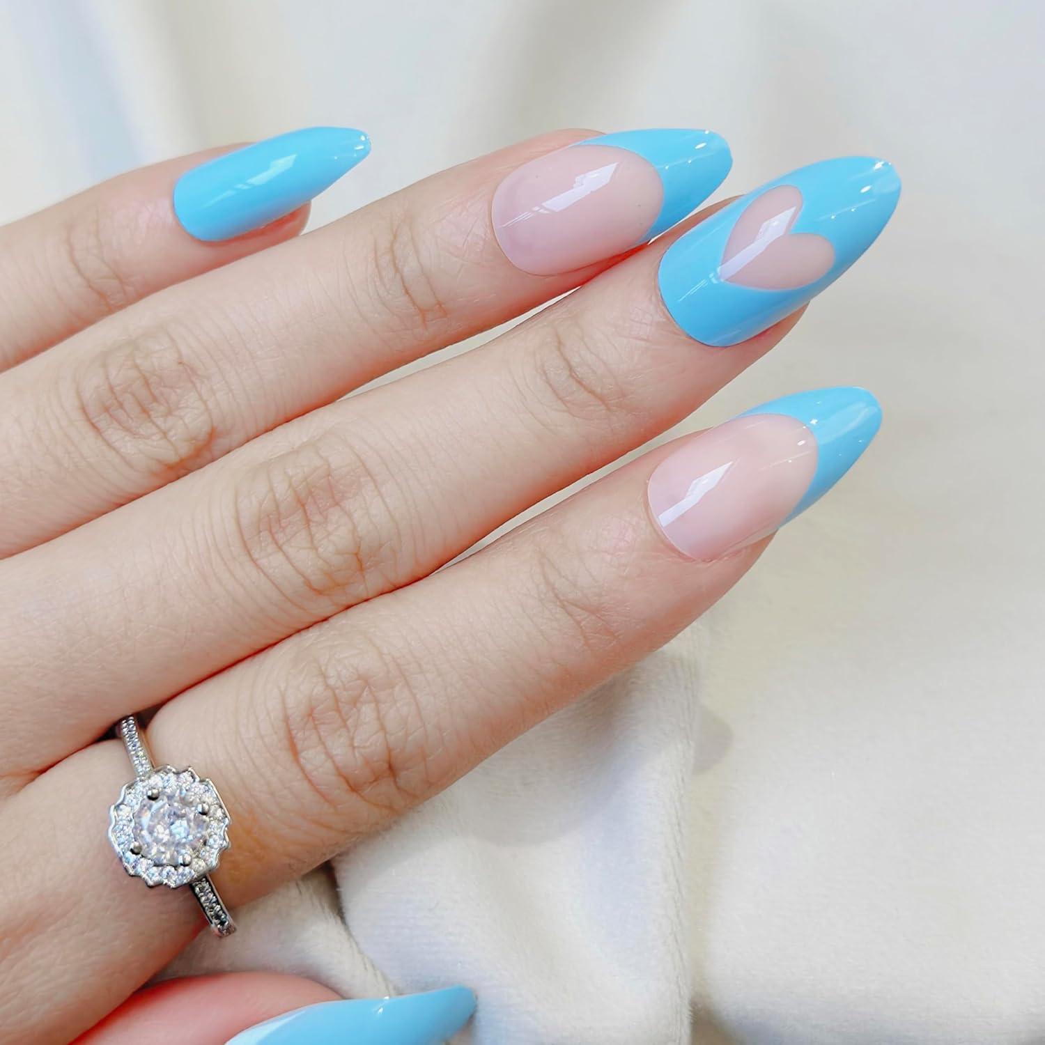 Uñas Postizas Almendra Azul Francés Fantastic Lady 24 Piezas