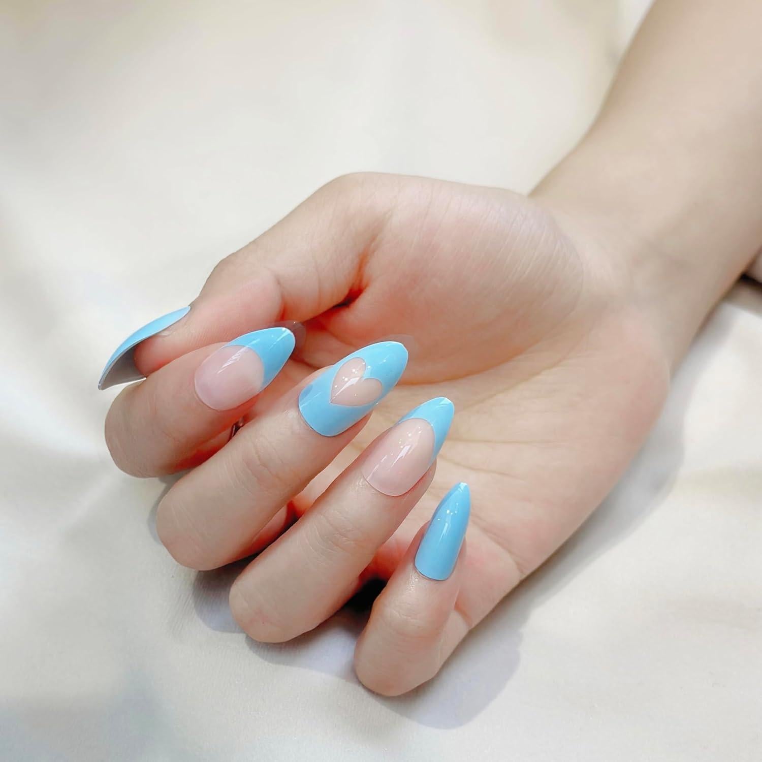 Uñas Postizas Almendra Azul Francés Fantastic Lady 24 Piezas