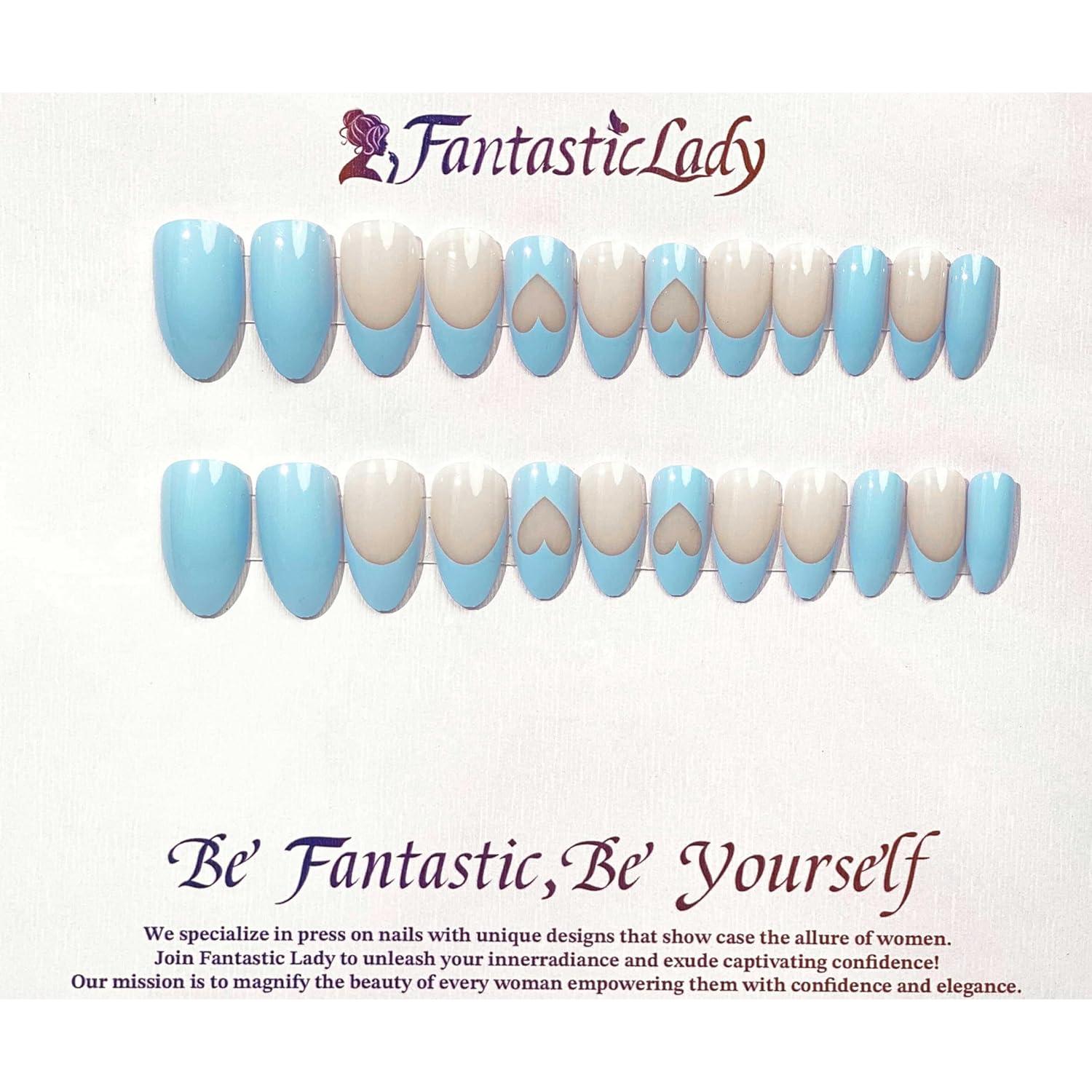 Uñas Postizas Almendra Azul Francés Fantastic Lady 24 Piezas