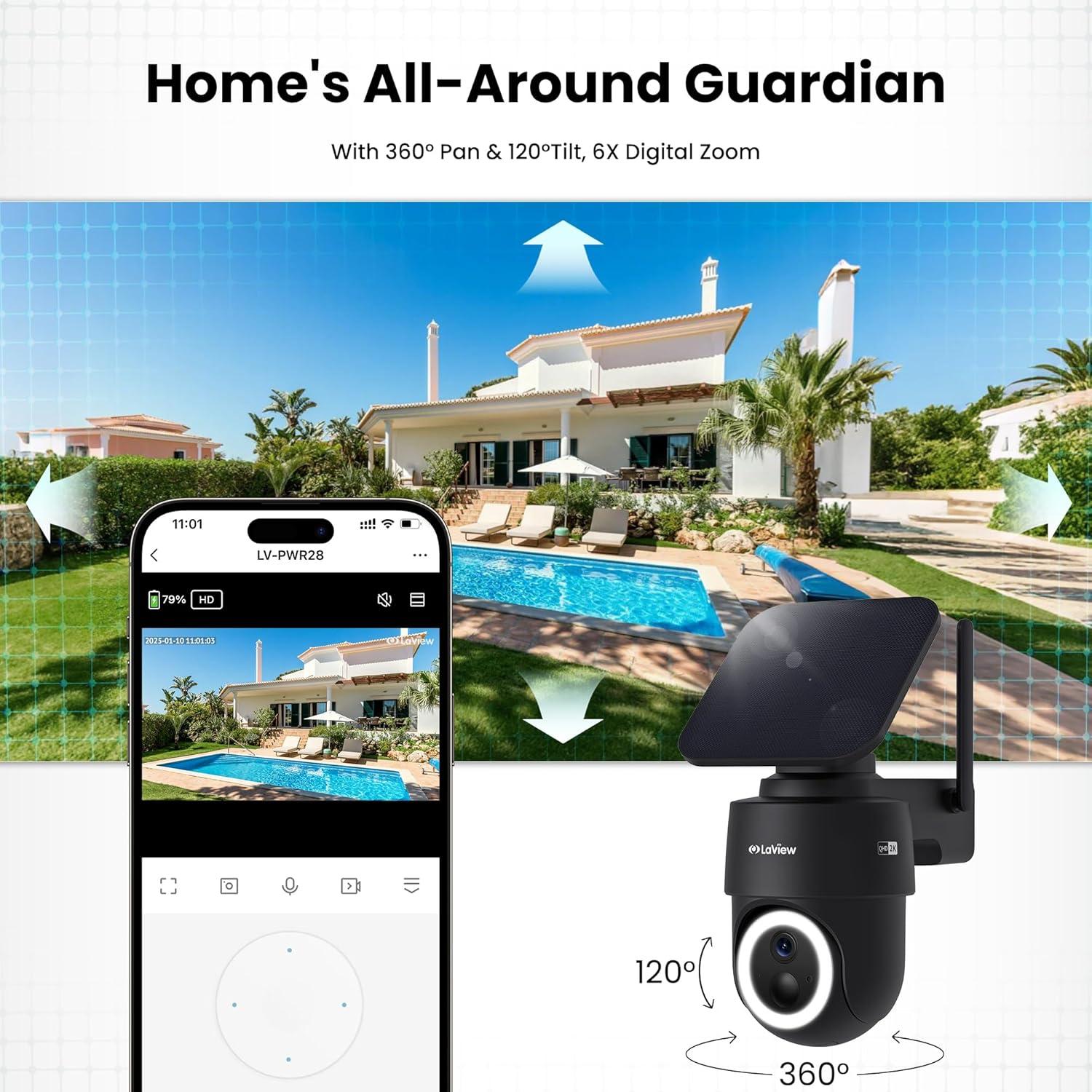 Cámara Solar Inalámbrica LaView 2K, 360° IP65, 2 Paquete