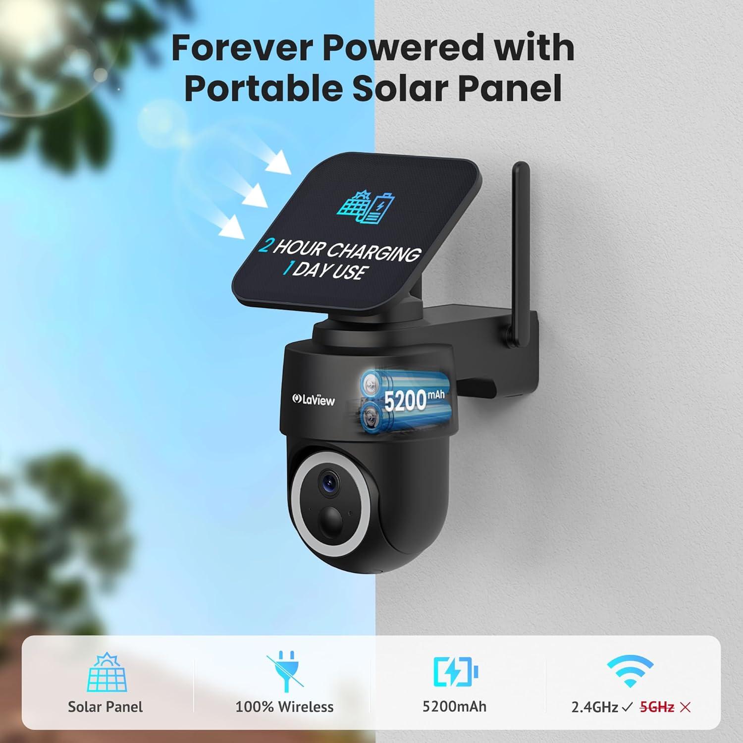 Cámara Solar Inalámbrica LaView 2K, 360° IP65, 2 Paquete