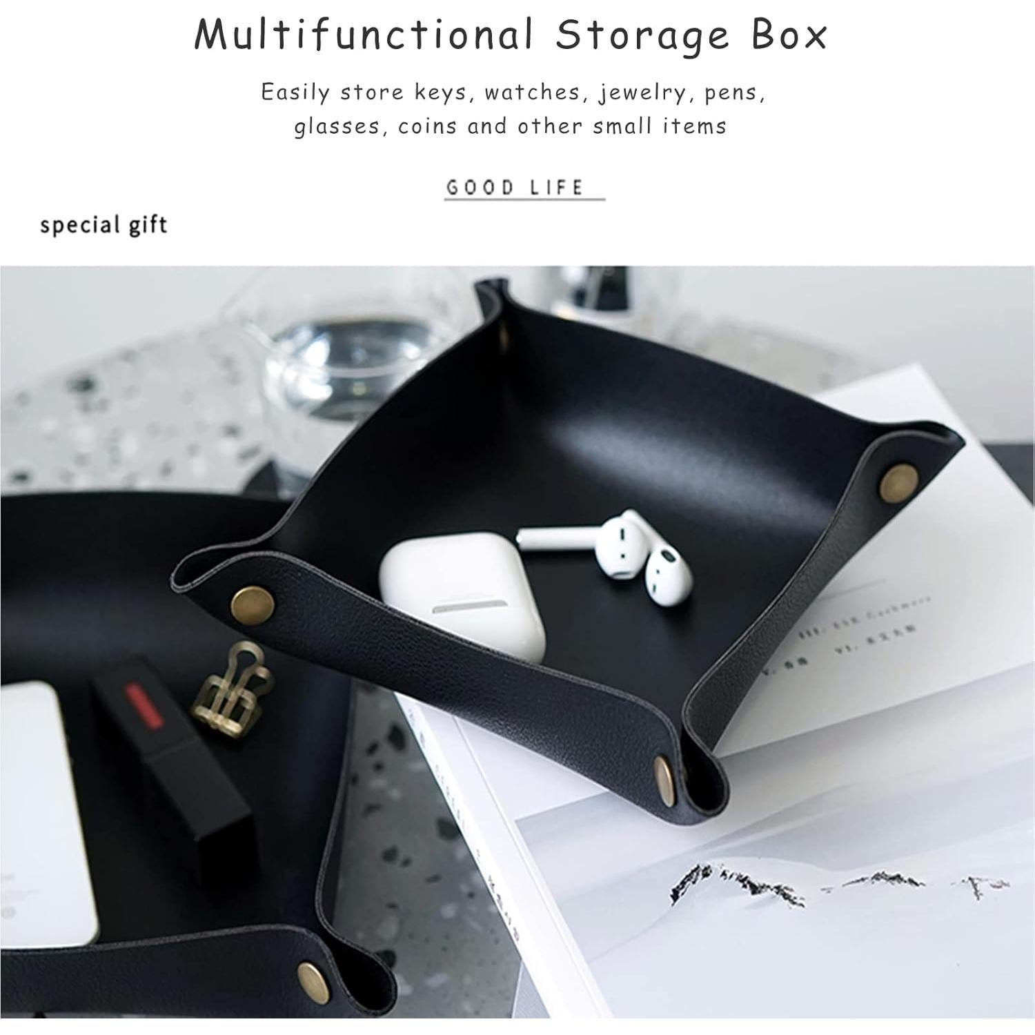 Bandeja de Valet Banugo de Cuero PU Plegable Negra 20x20cm