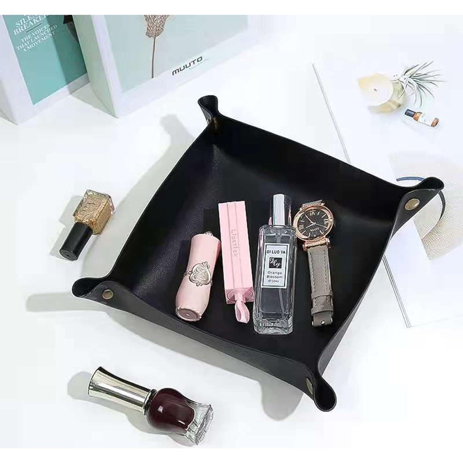 Bandeja de Valet Banugo de Cuero PU Plegable Negra 20x20cm