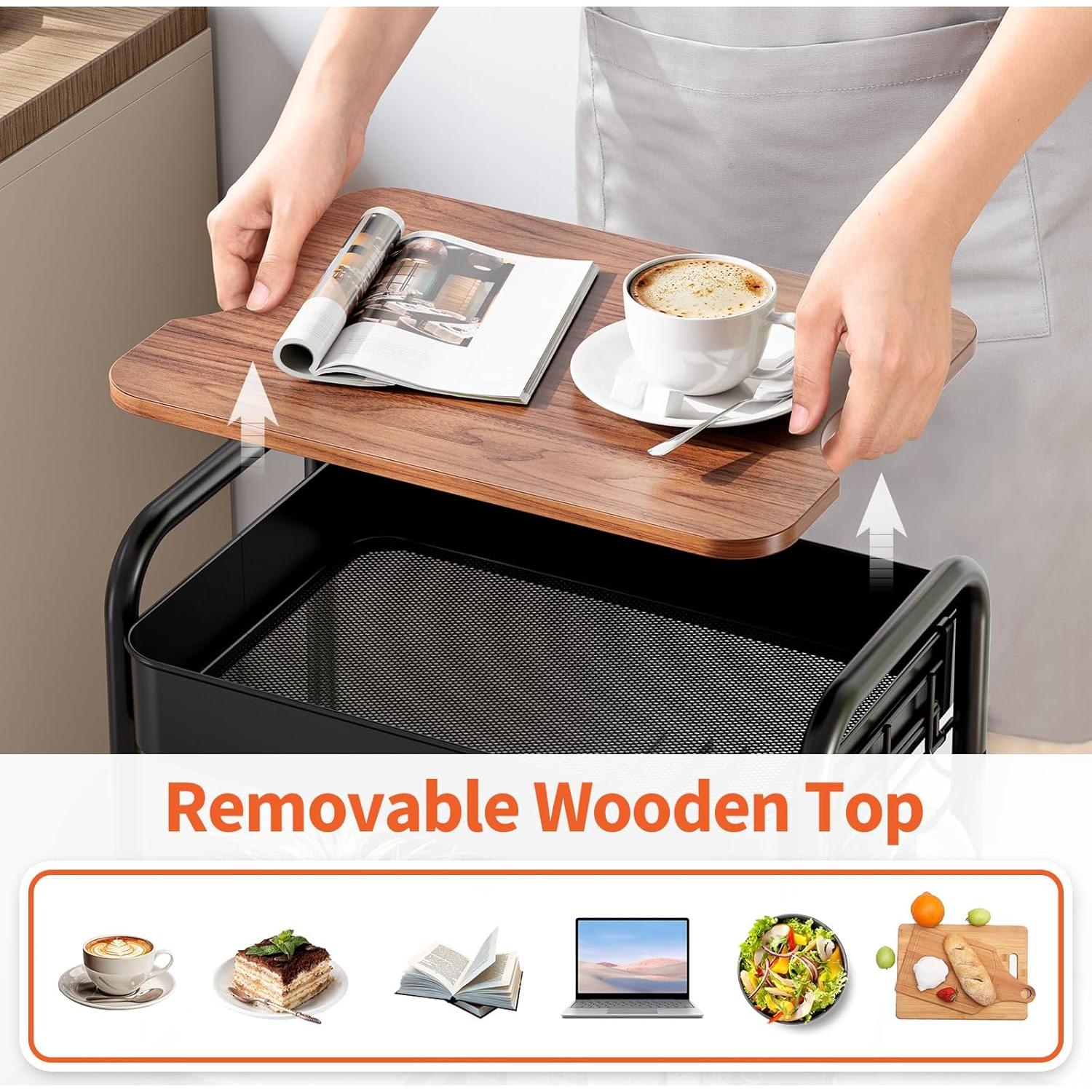 Carro Rodante TOOLF de 3 Niveles con Mesa Desmontable Negro