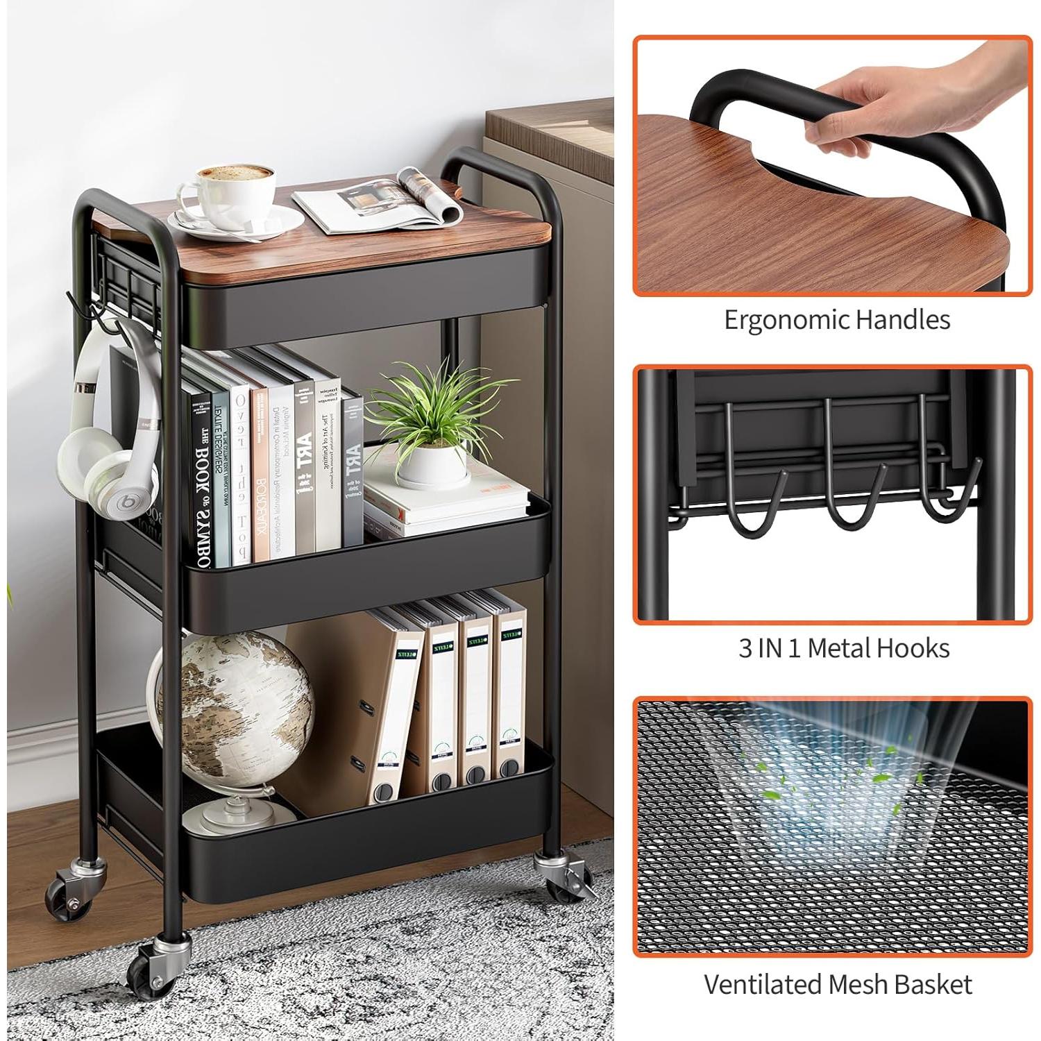 Carro Rodante TOOLF de 3 Niveles con Mesa Desmontable Negro