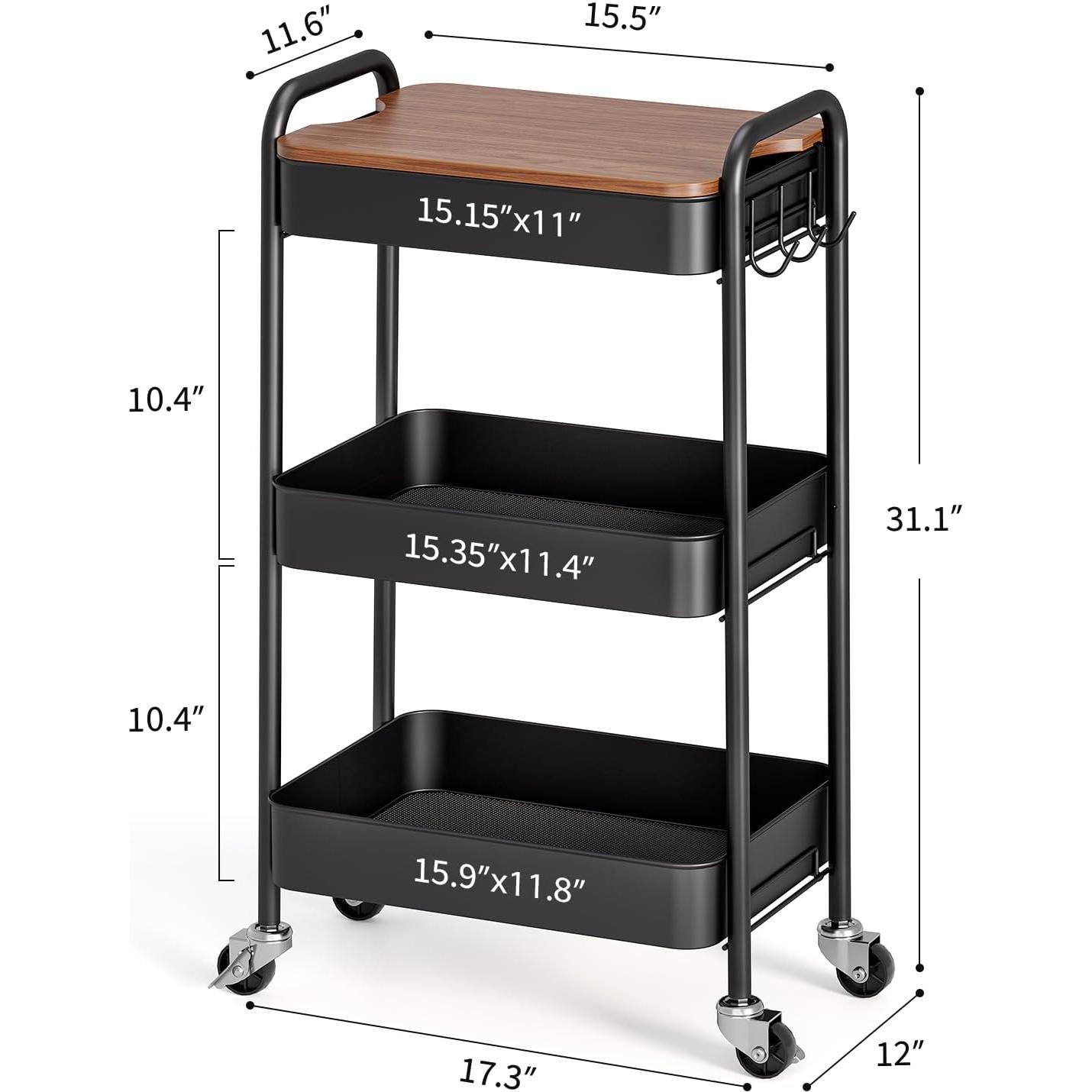 Carro Rodante TOOLF de 3 Niveles con Mesa Desmontable Negro