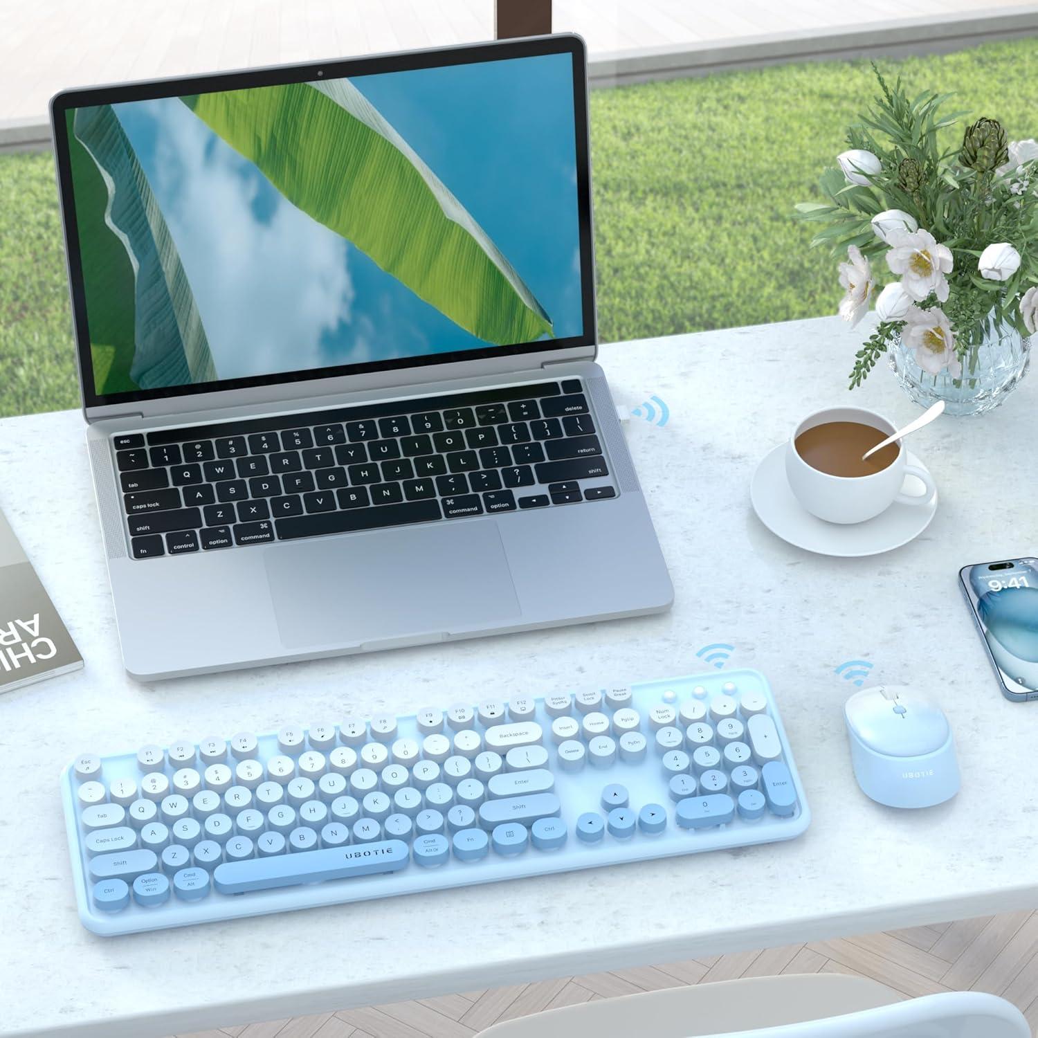 Teclado Inalámbrico UBOTIE Combo con Ratón Óptico Azul