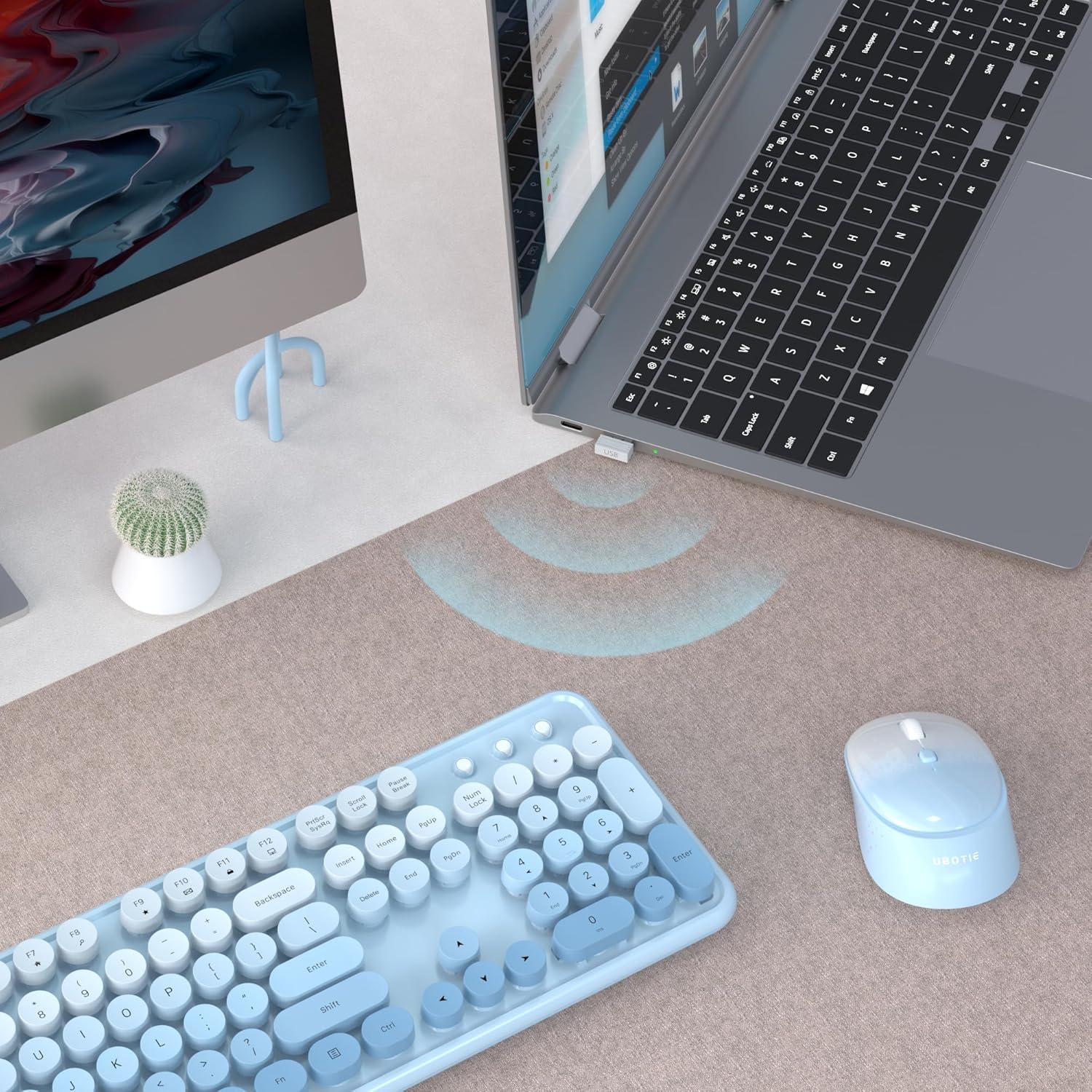 Teclado Inalámbrico UBOTIE Combo con Ratón Óptico Azul