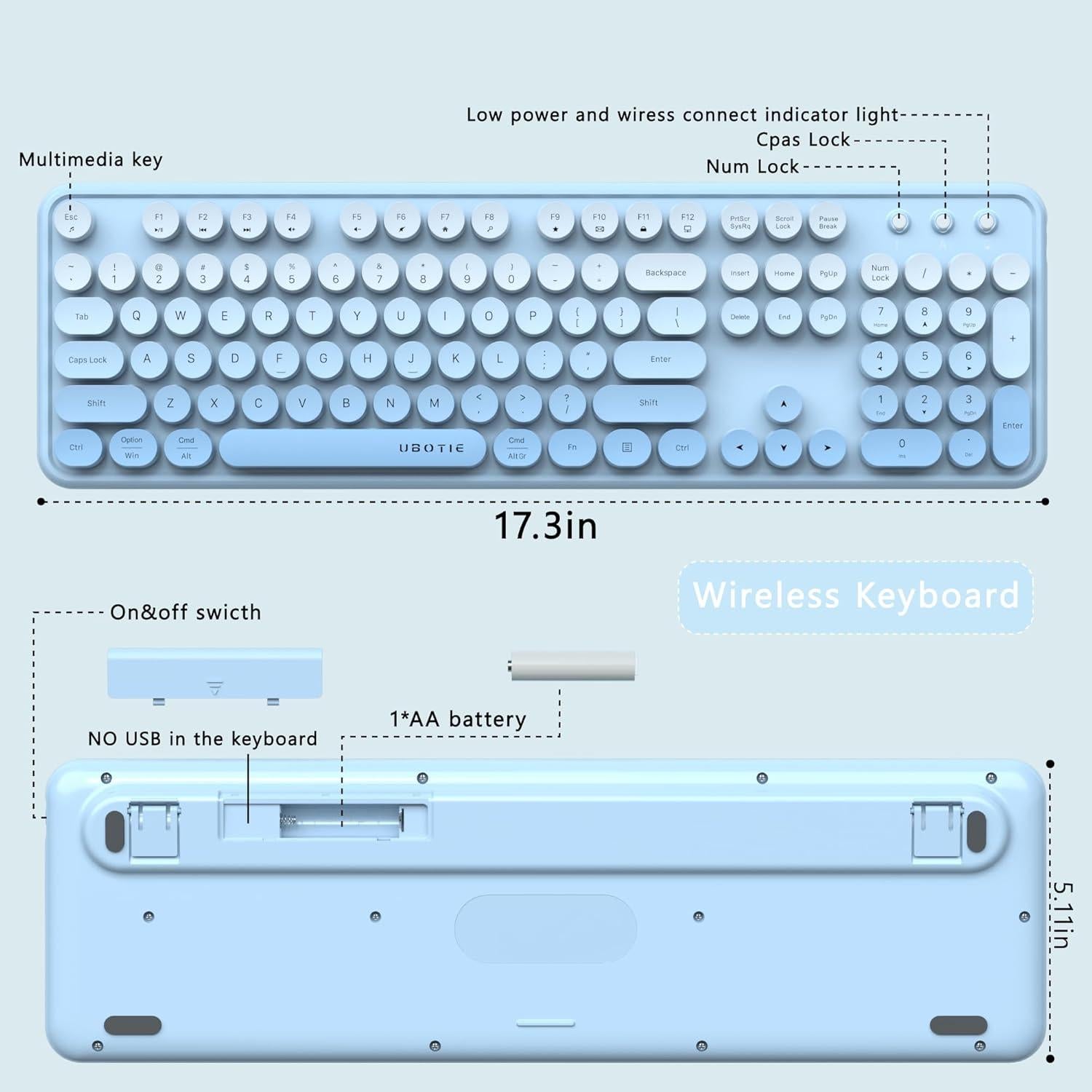 Teclado Inalámbrico UBOTIE Combo con Ratón Óptico Azul