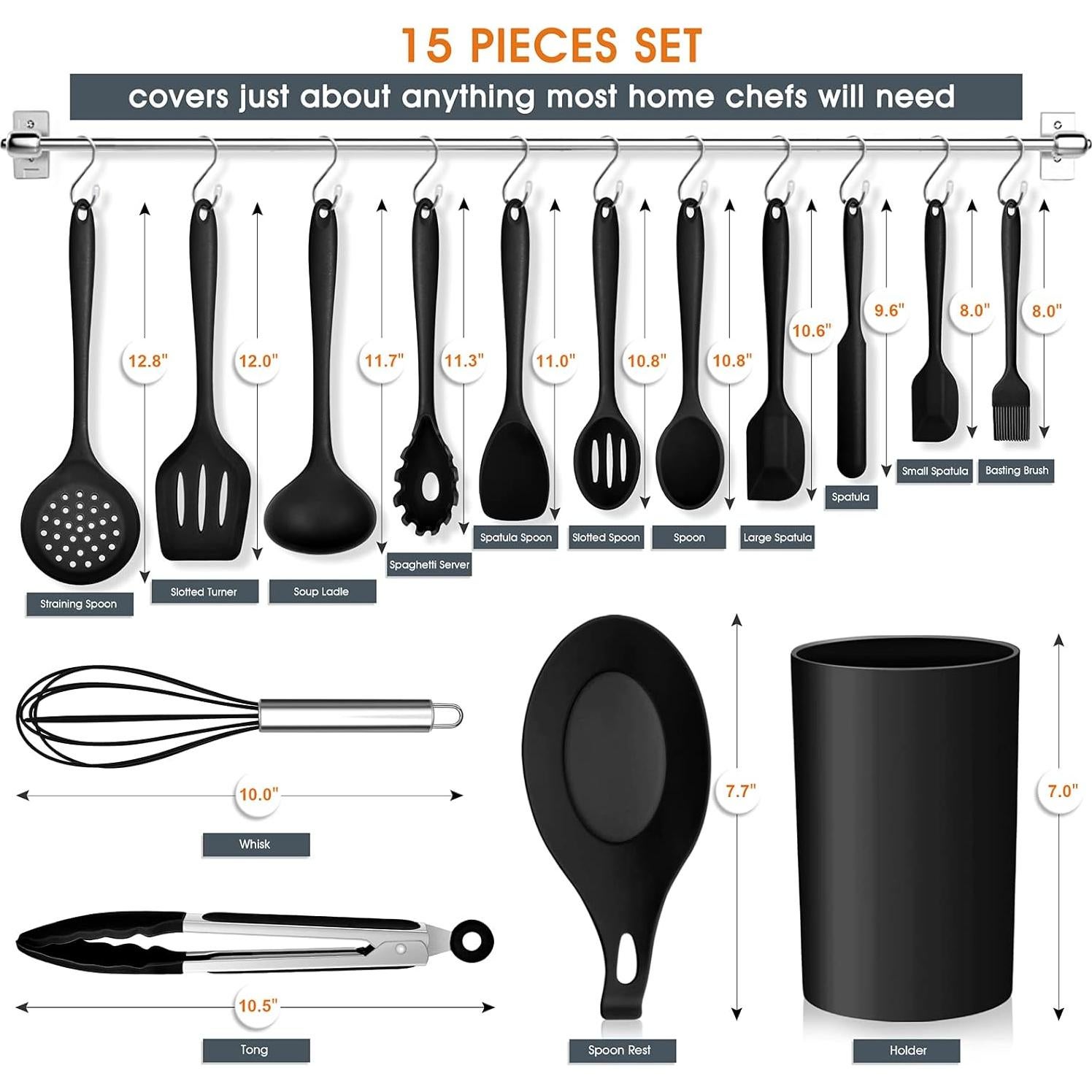 Juego de Utensilios de Cocina E-far 15 Piezas Silicona Negra