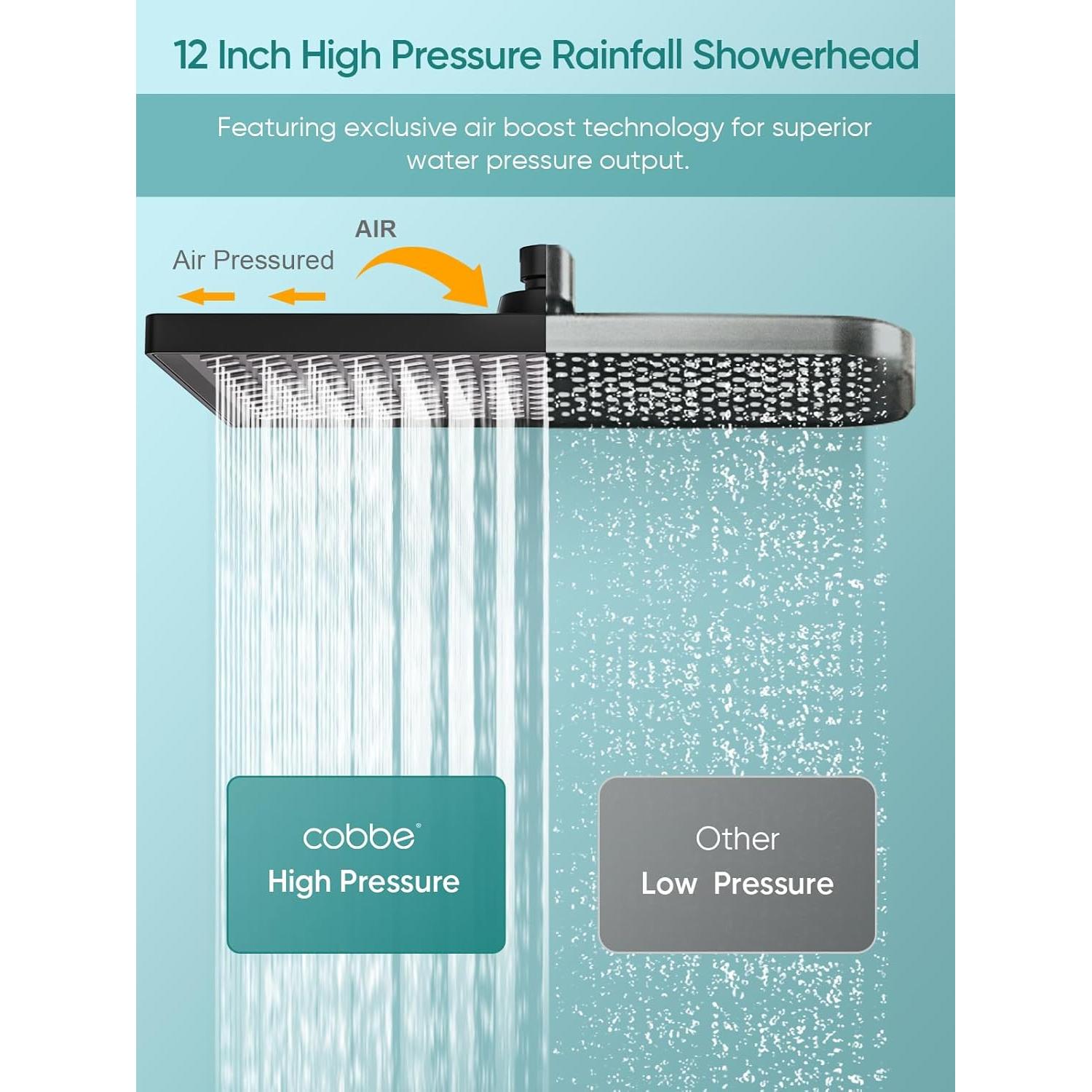 Cabezal de Ducha de Lluvia Cobbe 30 cm con Mano 6 Modos Negro