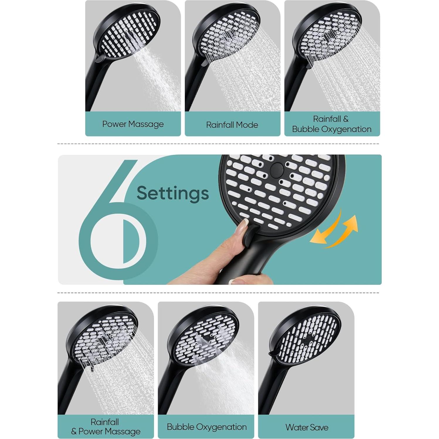 Cabezal de Ducha de Lluvia Cobbe 30 cm con Mano 6 Modos Negro