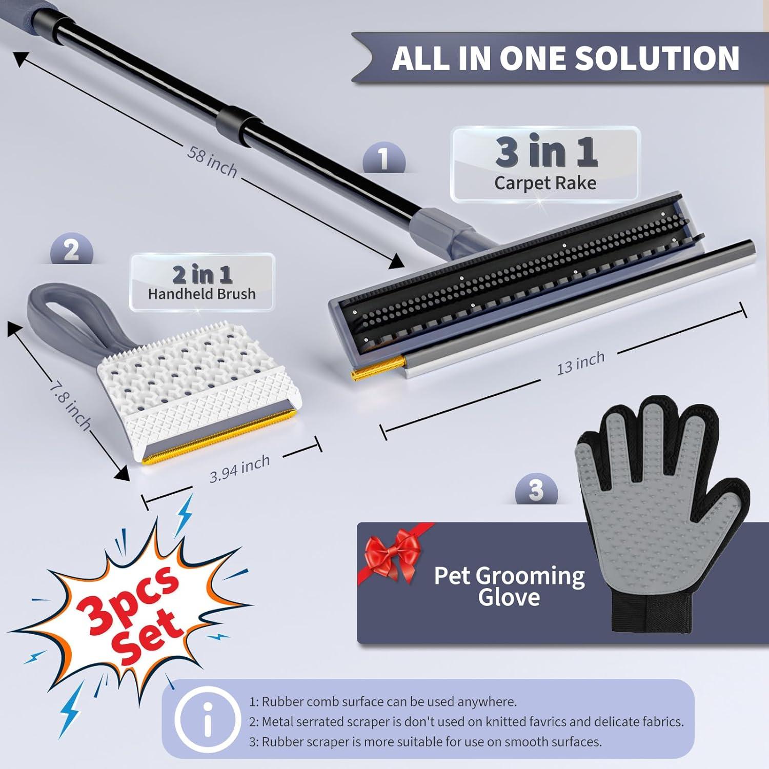 Kit de Rastrillo 3 en 1 Leishiyen para Pelo de Mascotas - Mango Ajustable 147 cm