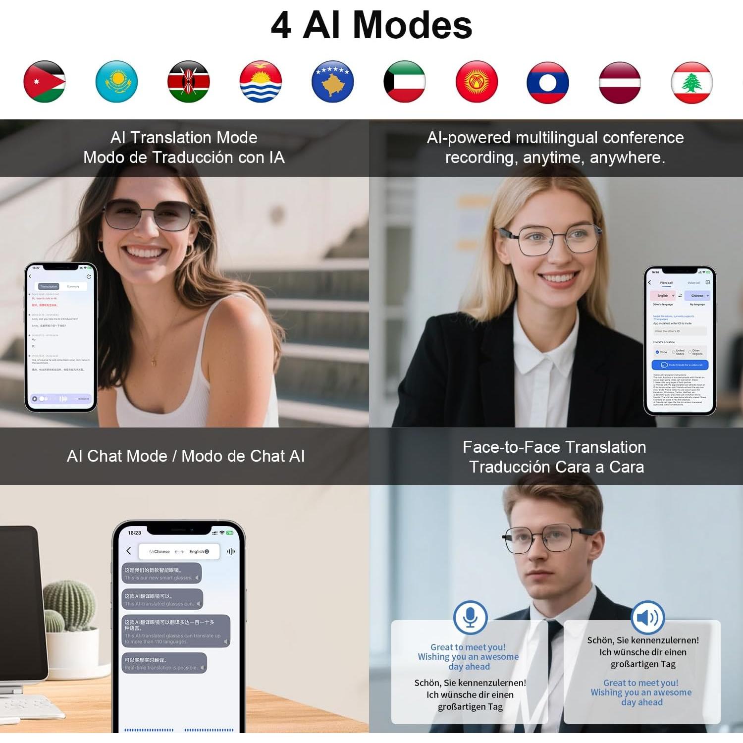 Gafas de Traducción Inteligente AI UF-11, Bluetooth, Reducción de Ruido