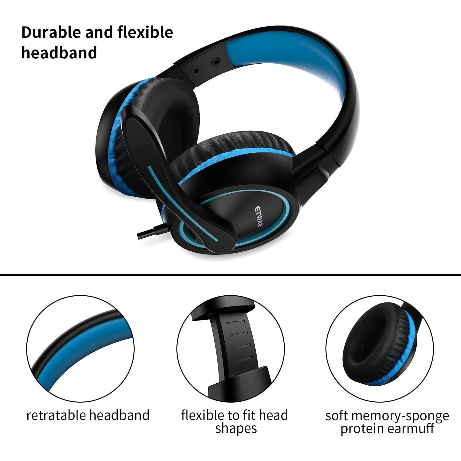 Auriculares Gaming ETWAR B3 Azul con Micrófono y Cancelación de Ruido