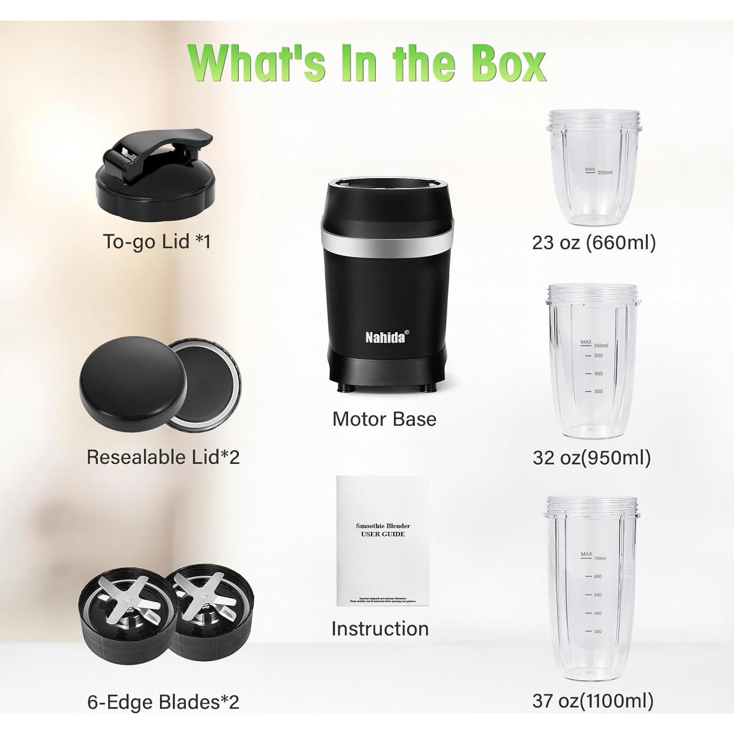 Mezclador Personal Nahida 1200W con 3 Tazas 23oz 32oz 37oz