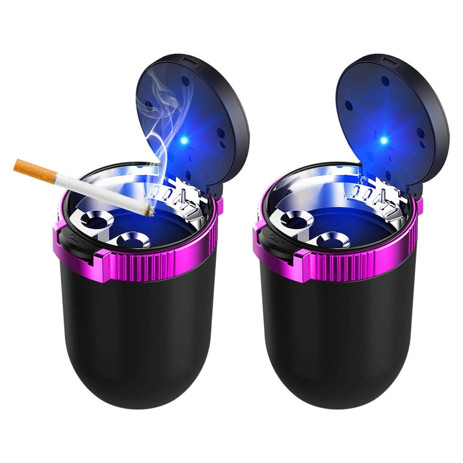 Cenicero de coche KVAEY con tapa y luz LED azul - 2 piezas
