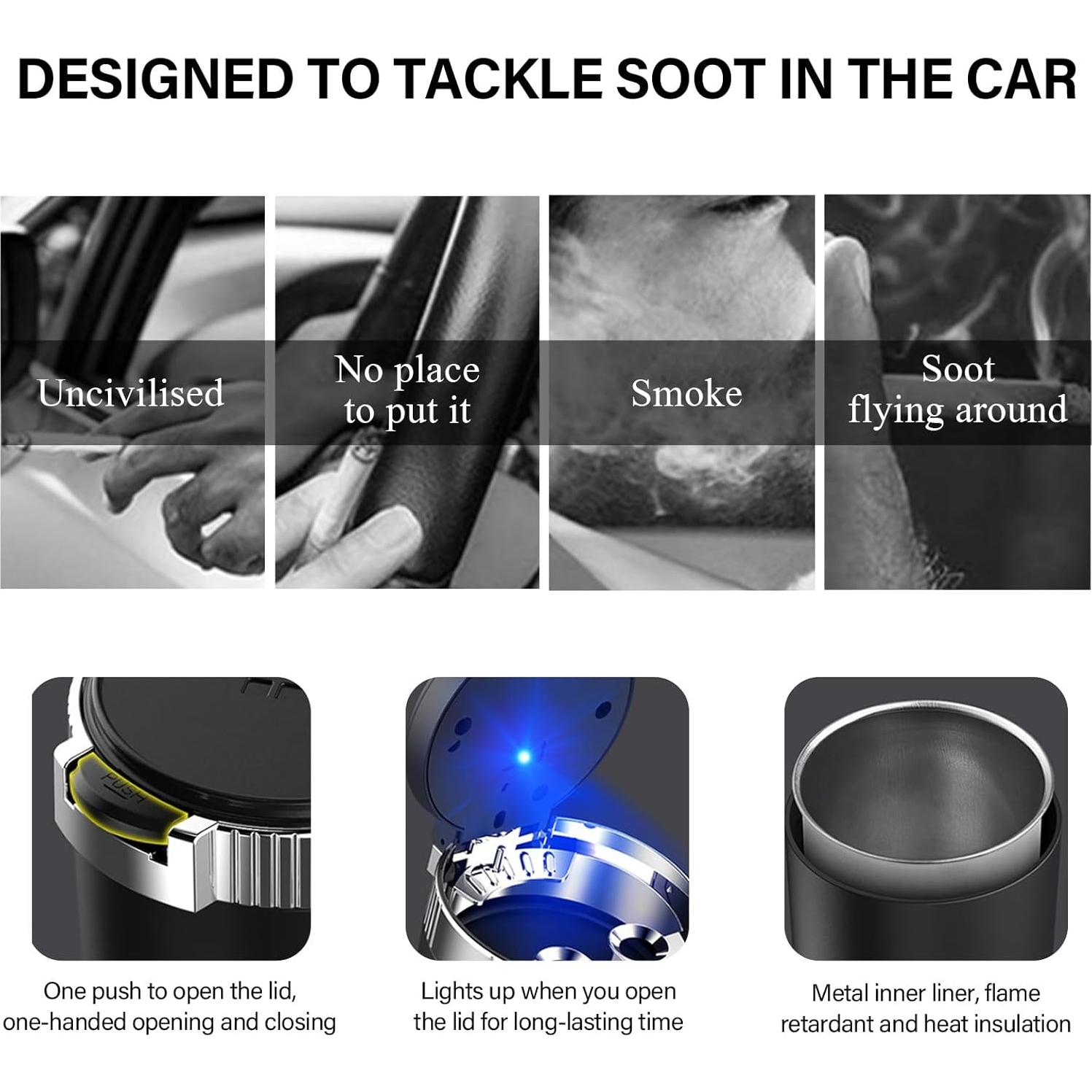 Cenicero de coche KVAEY con tapa y luz LED azul - 2 piezas