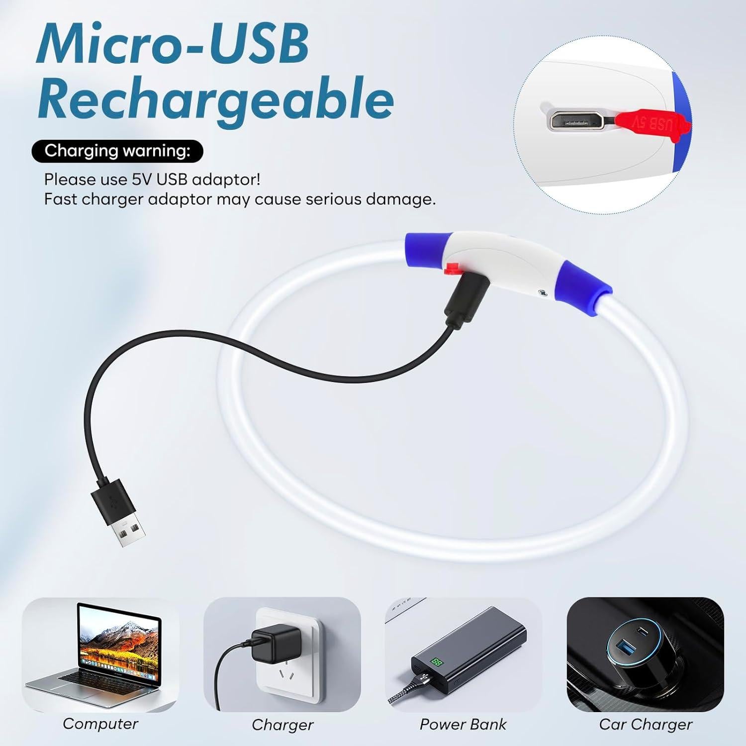 Collar LED para Perros BSEEN 70cm Azul - Impermeable y Recargable