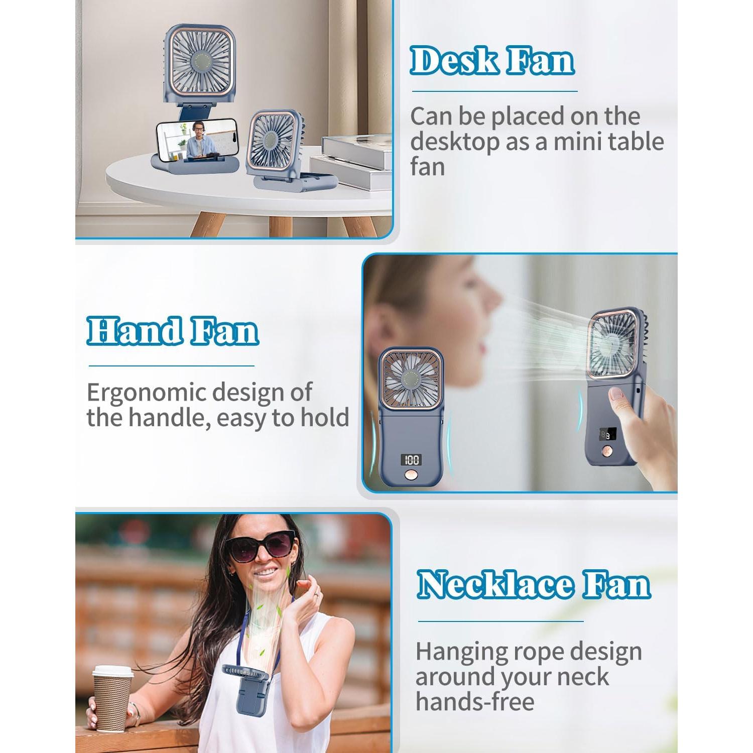 Ventilador de Mano Plegable AJGJF 4000mAh 3 Velocidades Azul