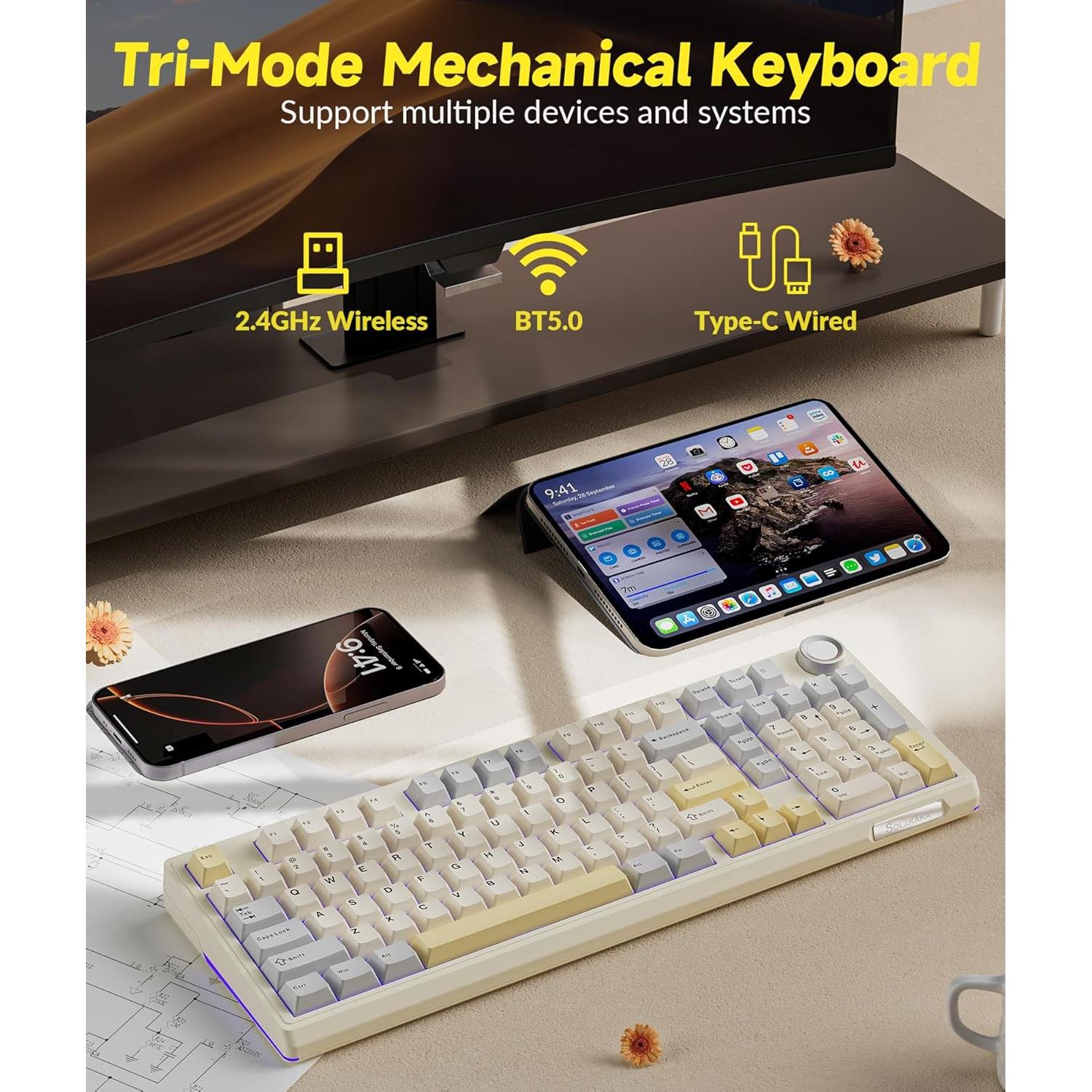 Teclado Mecánico Inalámbrico SOLAKAKA KI99 Pro 96% Beige