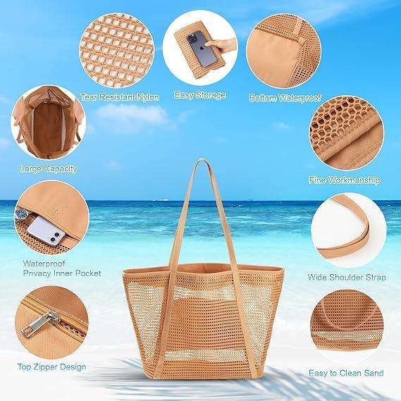 Bolsa de Playa de Malla Tibroni con Cremallera y Bolsillo Interior