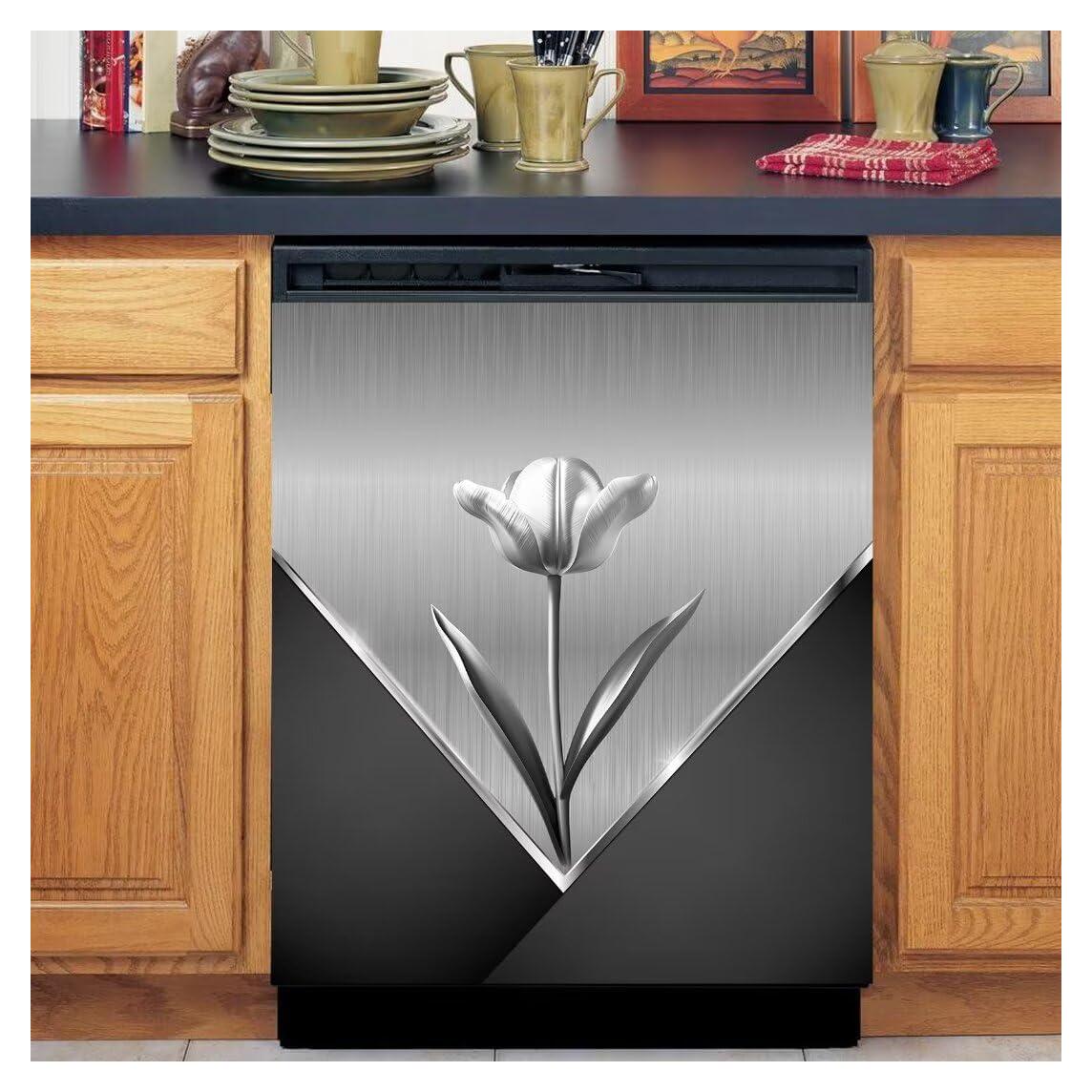 Metal Flower Magnetic Dishwasher Cover,Fridge Door Cover Decals,Stainless Steel Floral Pattern Dishwasher Magnets Art Skin Panel Decal,Home Decor Decal,Vinyl Sticker,Easy Update,23Wx26H Inches