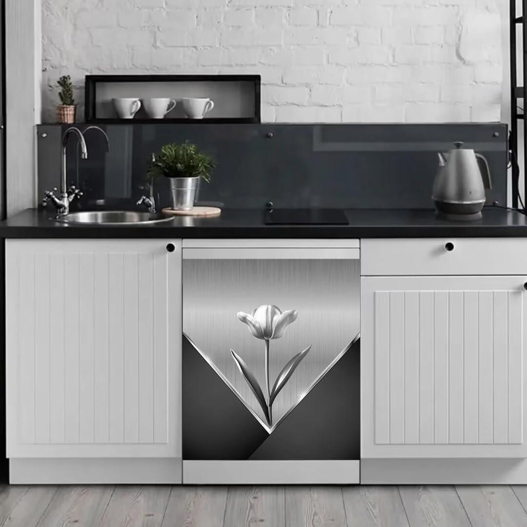 Metal Flower Magnetic Dishwasher Cover,Fridge Door Cover Decals,Stainless Steel Floral Pattern Dishwasher Magnets Art Skin Panel Decal,Home Decor Decal,Vinyl Sticker,Easy Update,23Wx26H Inches