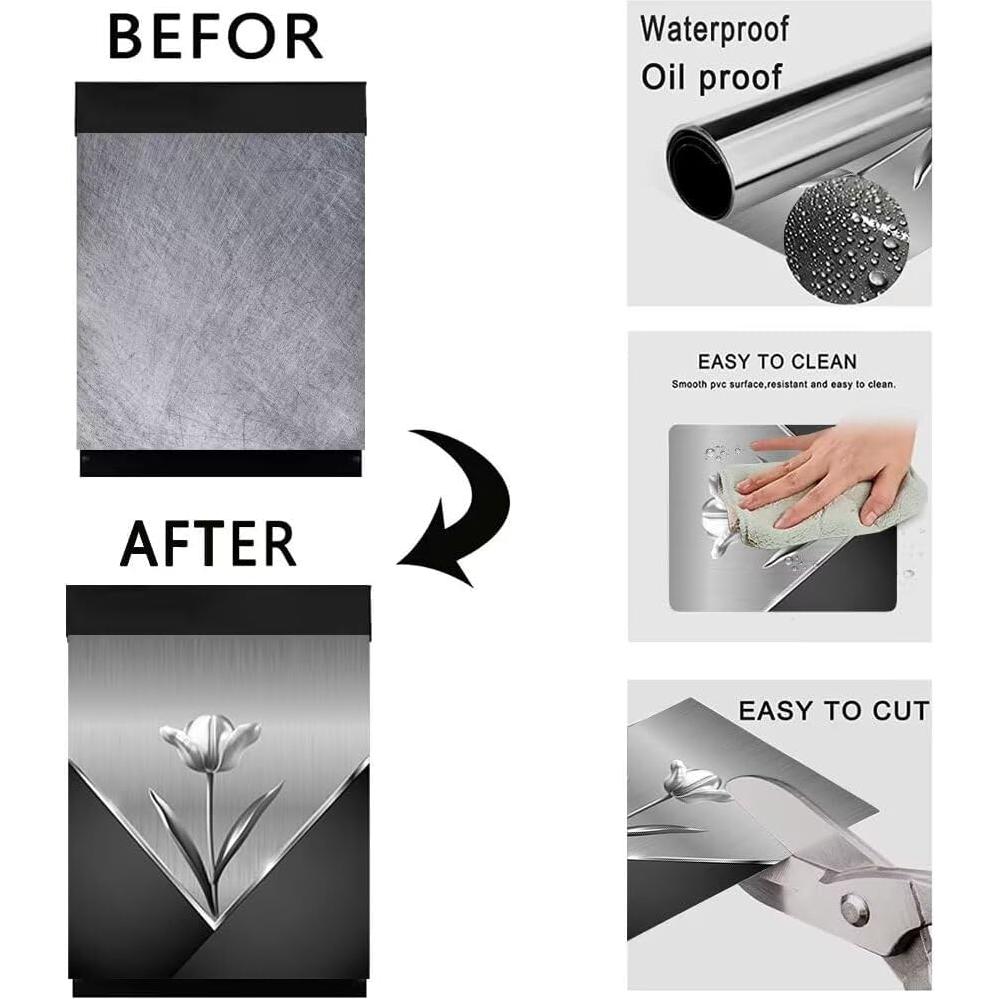 Metal Flower Magnetic Dishwasher Cover,Fridge Door Cover Decals,Stainless Steel Floral Pattern Dishwasher Magnets Art Skin Panel Decal,Home Decor Decal,Vinyl Sticker,Easy Update,23Wx26H Inches