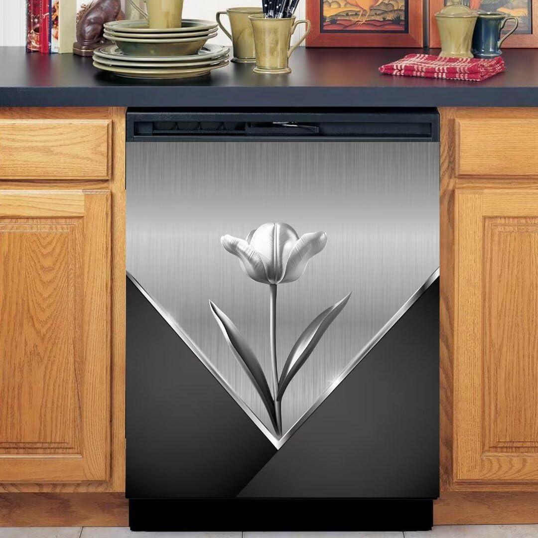 Metal Flower Magnetic Dishwasher Cover,Fridge Door Cover Decals,Stainless Steel Floral Pattern Dishwasher Magnets Art Skin Panel Decal,Home Decor Decal,Vinyl Sticker,Easy Update,23Wx26H Inches
