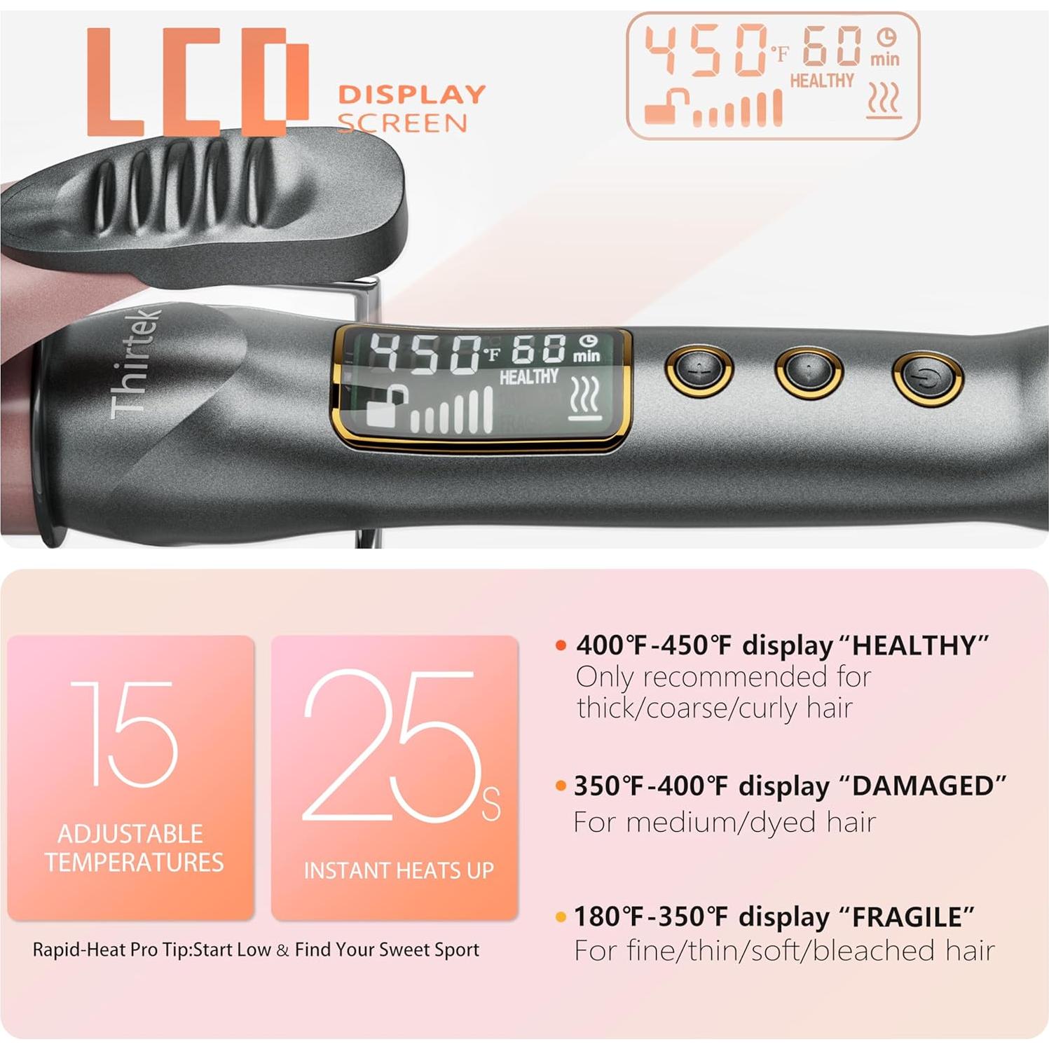 Plancha de Rizar Thirtek 1 Pulgada Oro Rosa, Barril Extra Largo 18.5 cm