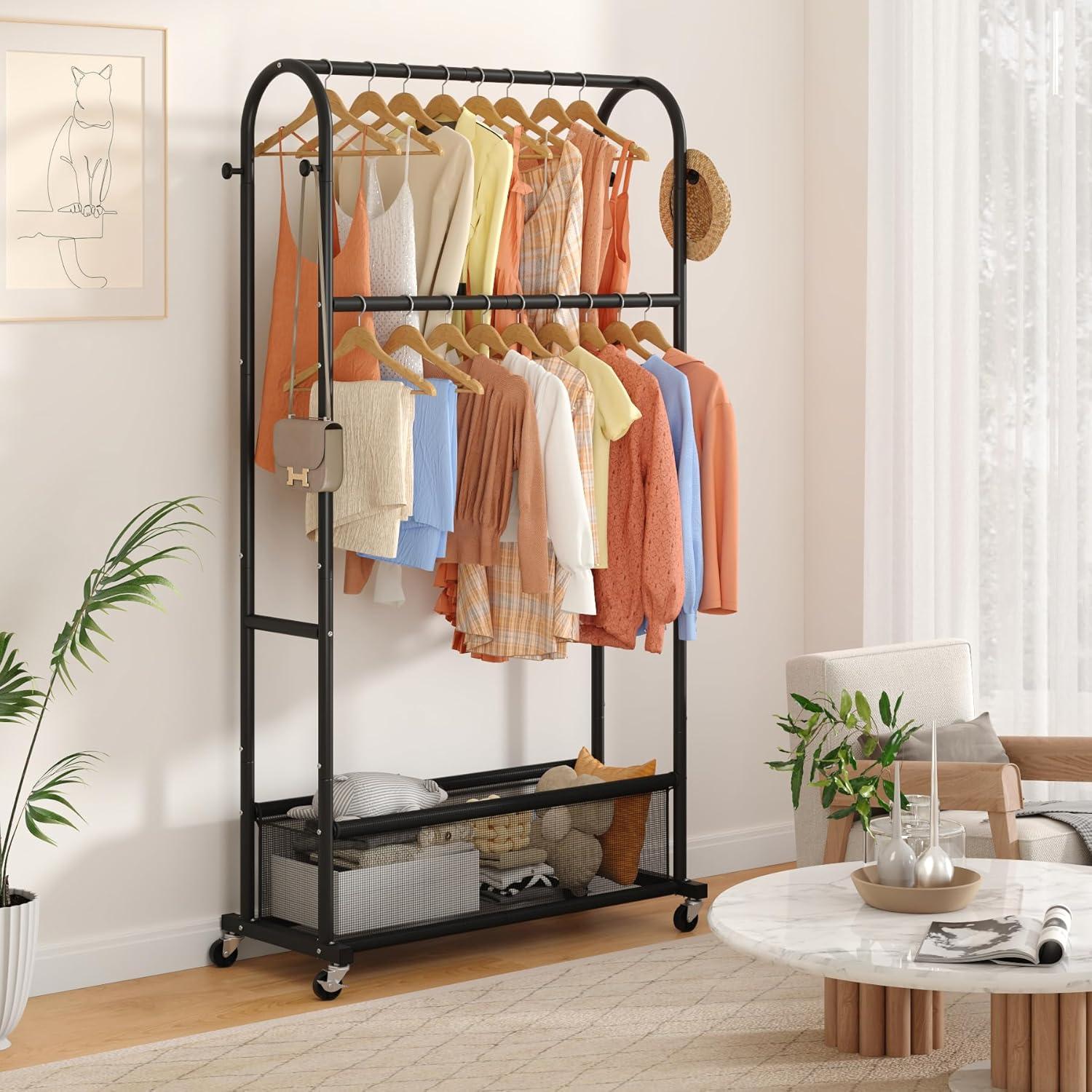 Perchero de Ropa MOYIPIN Doble Barra con Ruedas Negro 4 Ganchos