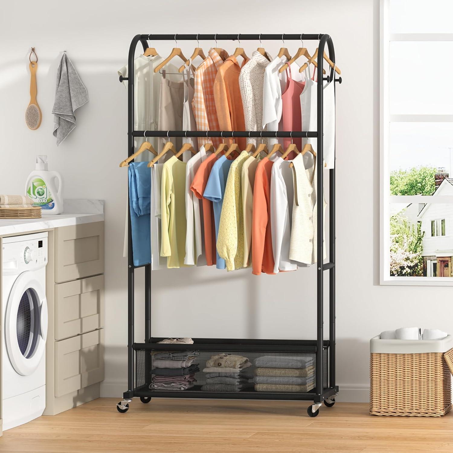 Perchero de Ropa MOYIPIN Doble Barra con Ruedas Negro 4 Ganchos