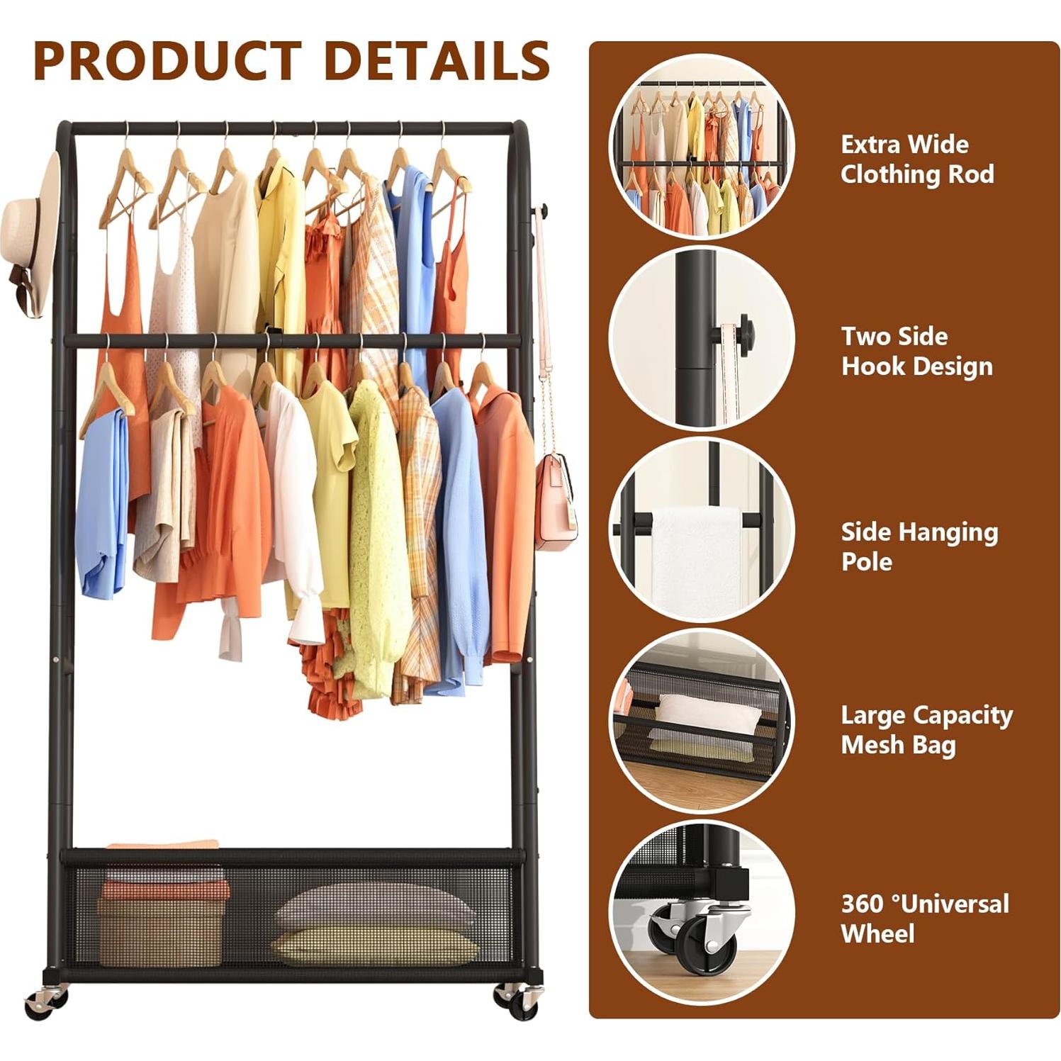 Perchero de Ropa MOYIPIN Doble Barra con Ruedas Negro 4 Ganchos