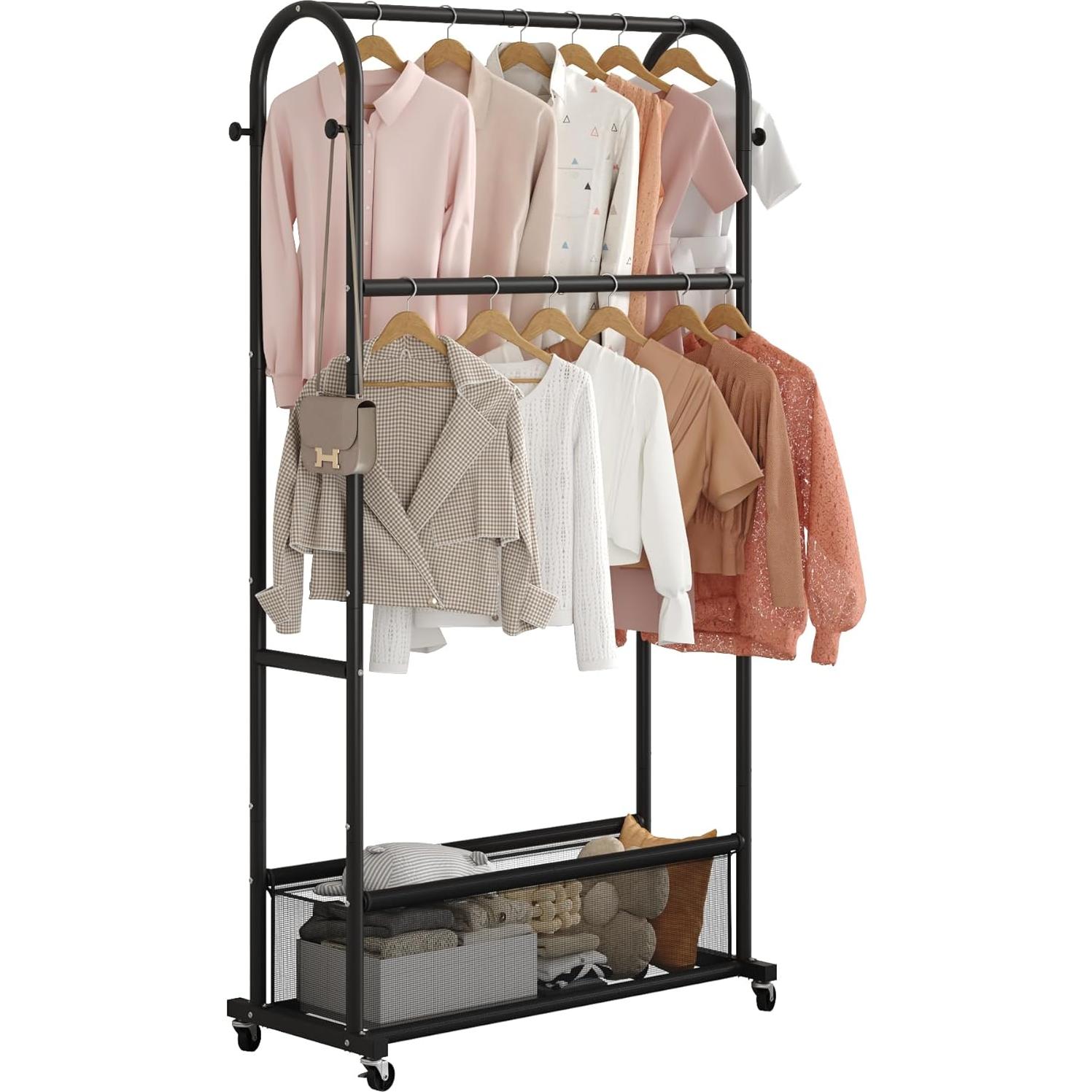 Perchero de Ropa MOYIPIN Doble Barra con Ruedas Negro 4 Ganchos
