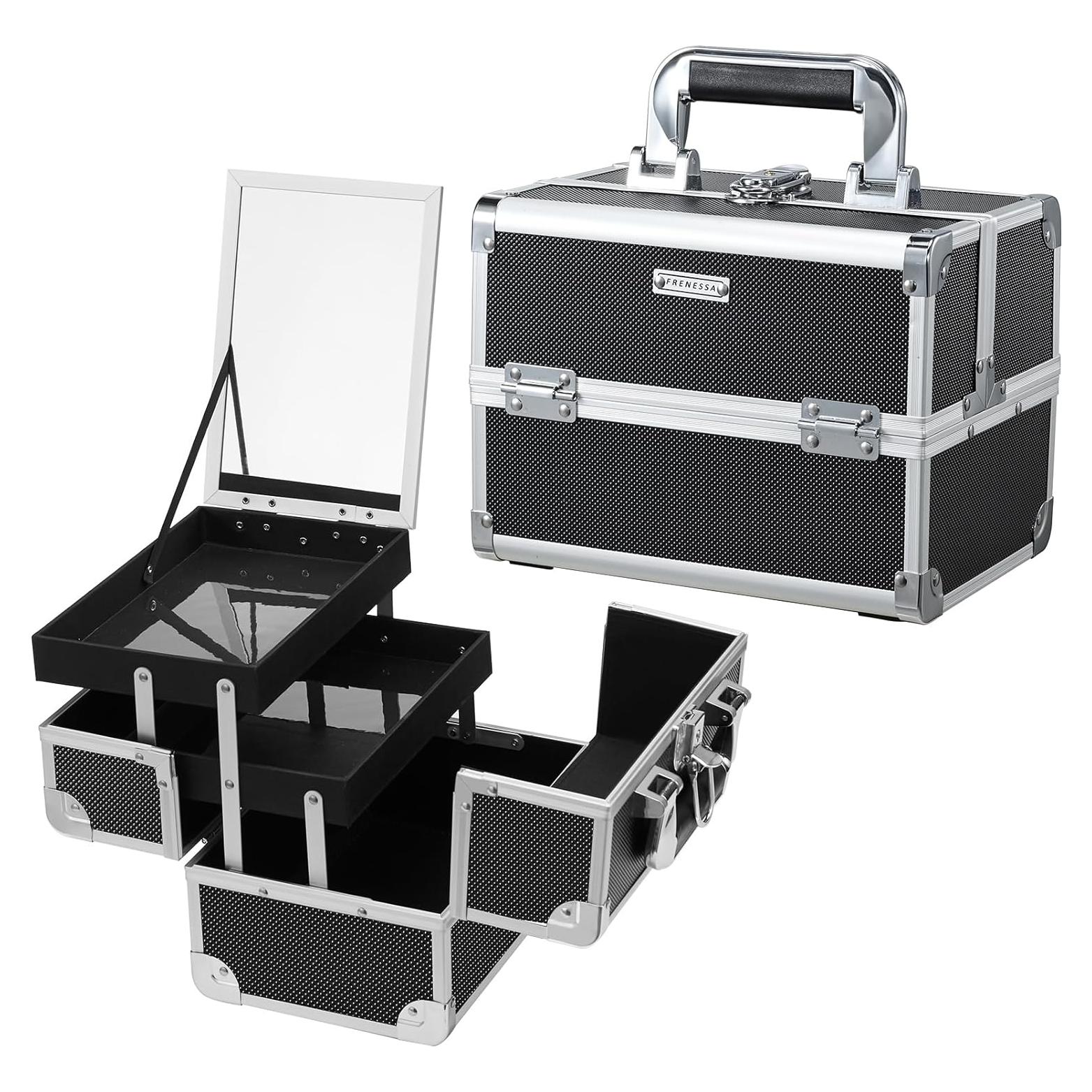 Estuche de Maquillaje Negro Frenessa con Espejo y 2 Bandejas