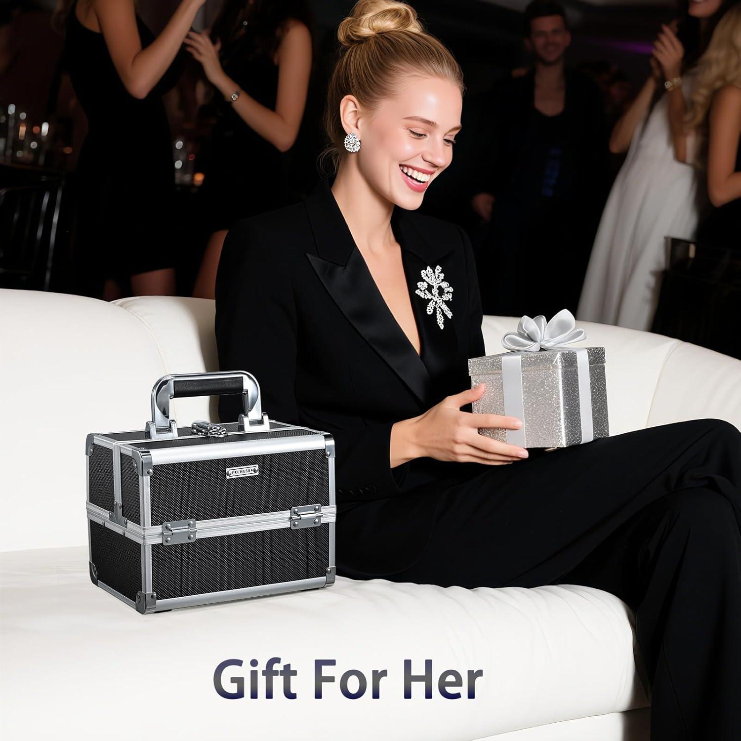 Estuche de Maquillaje Negro Frenessa con Espejo y 2 Bandejas