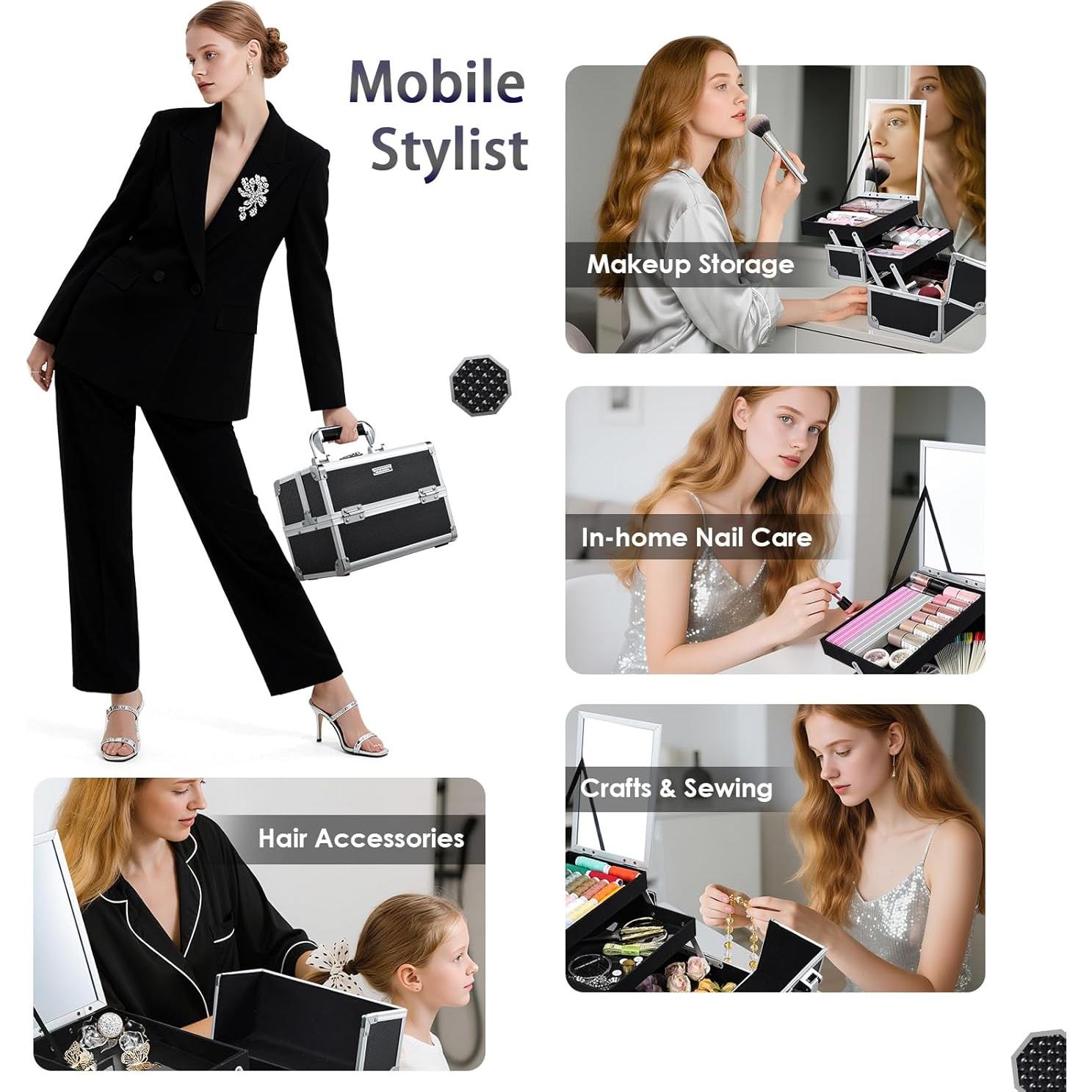 Estuche de Maquillaje Negro Frenessa con Espejo y 2 Bandejas