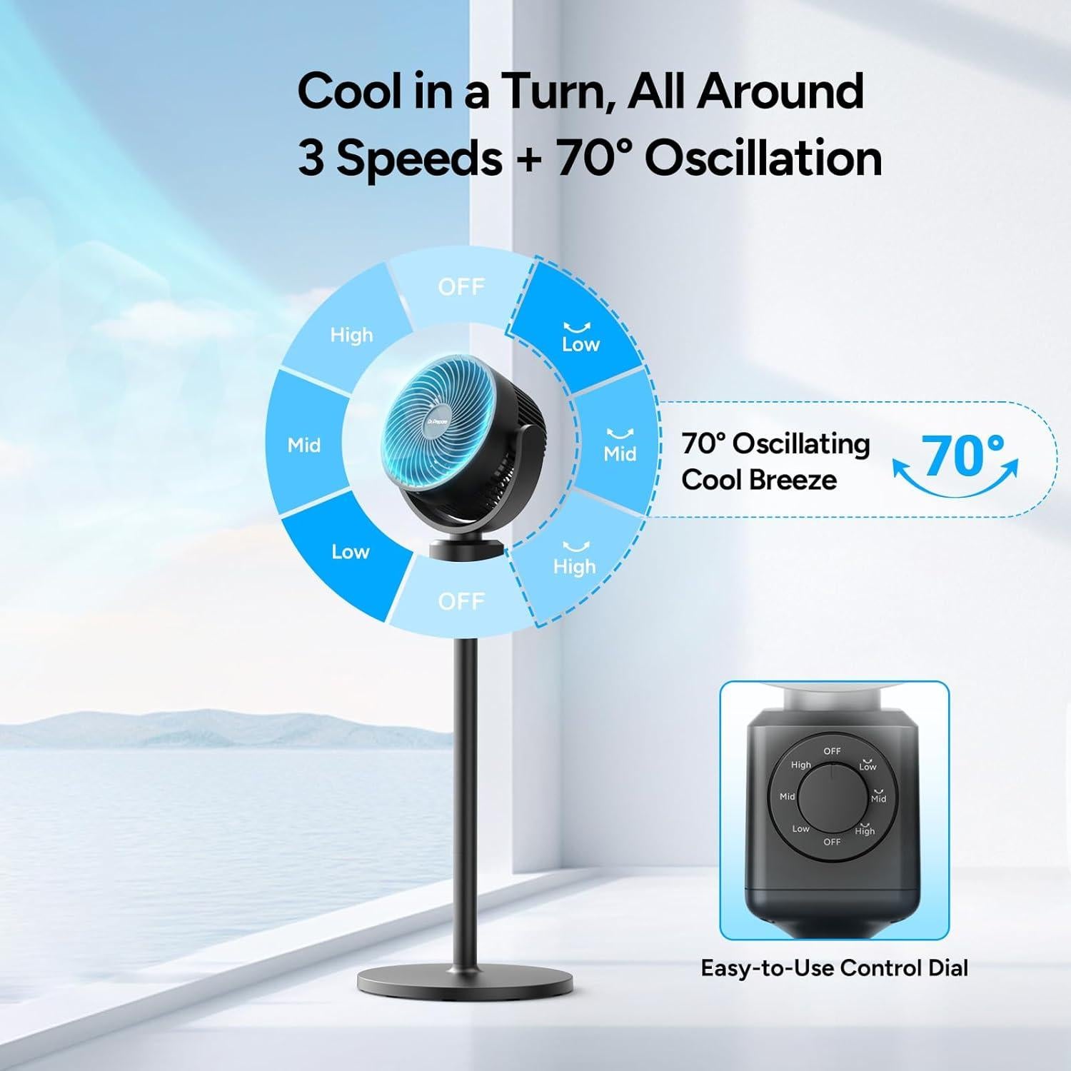 Ventilador de Pedestal DR.PREPARE 33W Oscilante Ajustable 40-86 cm